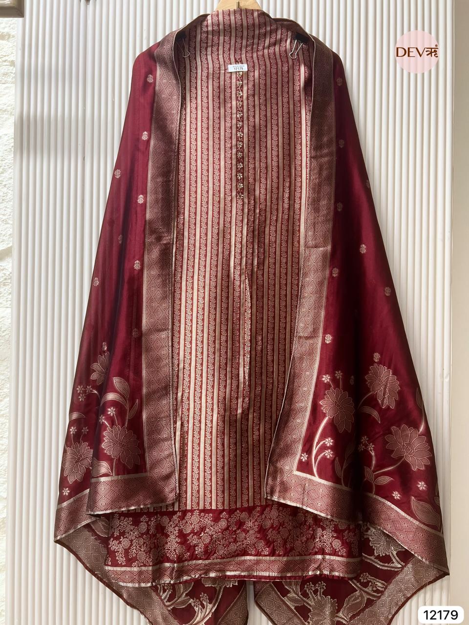 Maroon Pure Banarasi silk Unstitched Hand Embroidered -Set Of 3 - {12179}