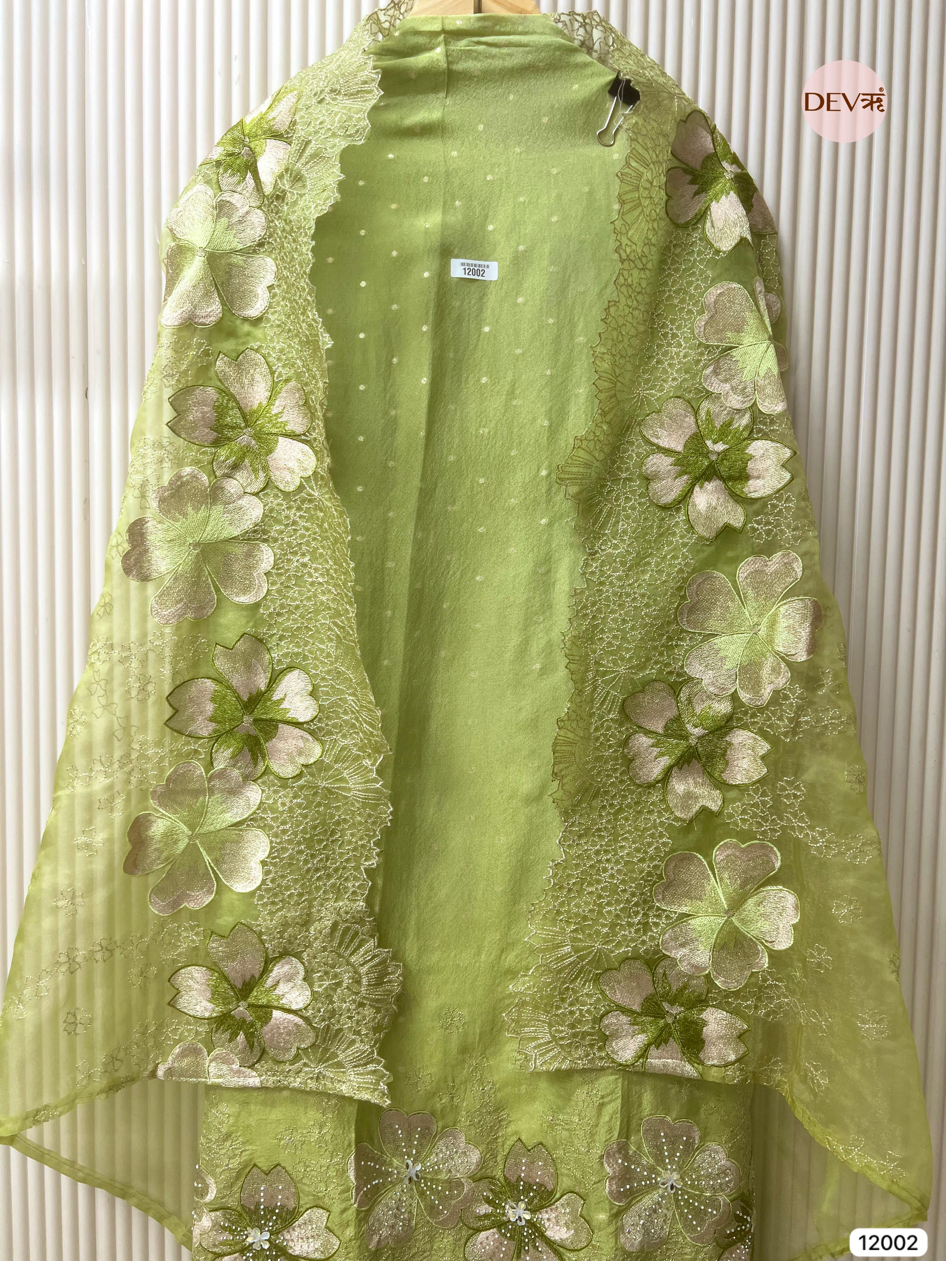 Green Tissue Shimmer Silk Unstitched Embroidered -Set Of 3 - {12002}