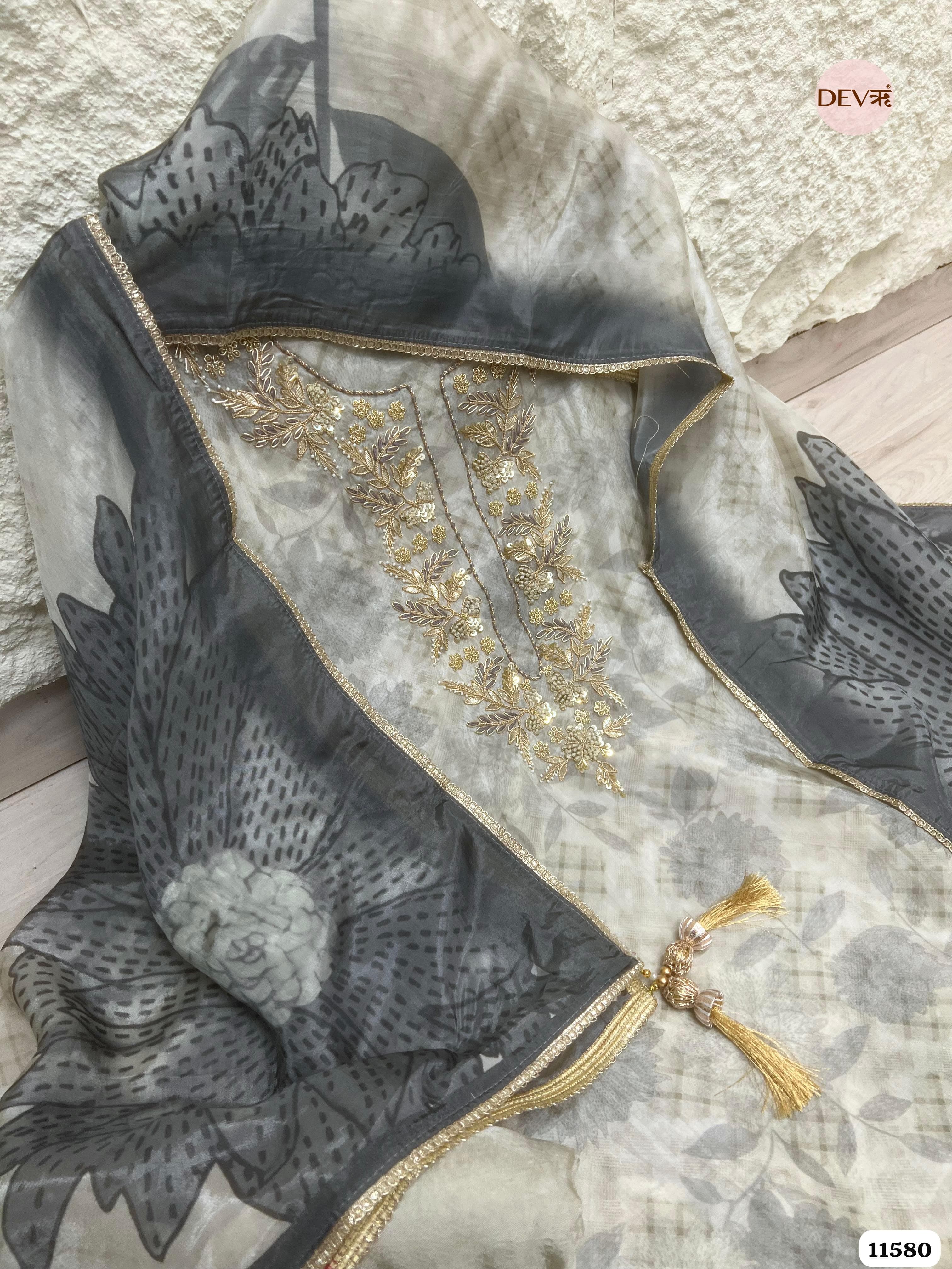 Grey Pure Organza Silk Unstitched Printed Hand Embroidered -Set Of 3 {11580}