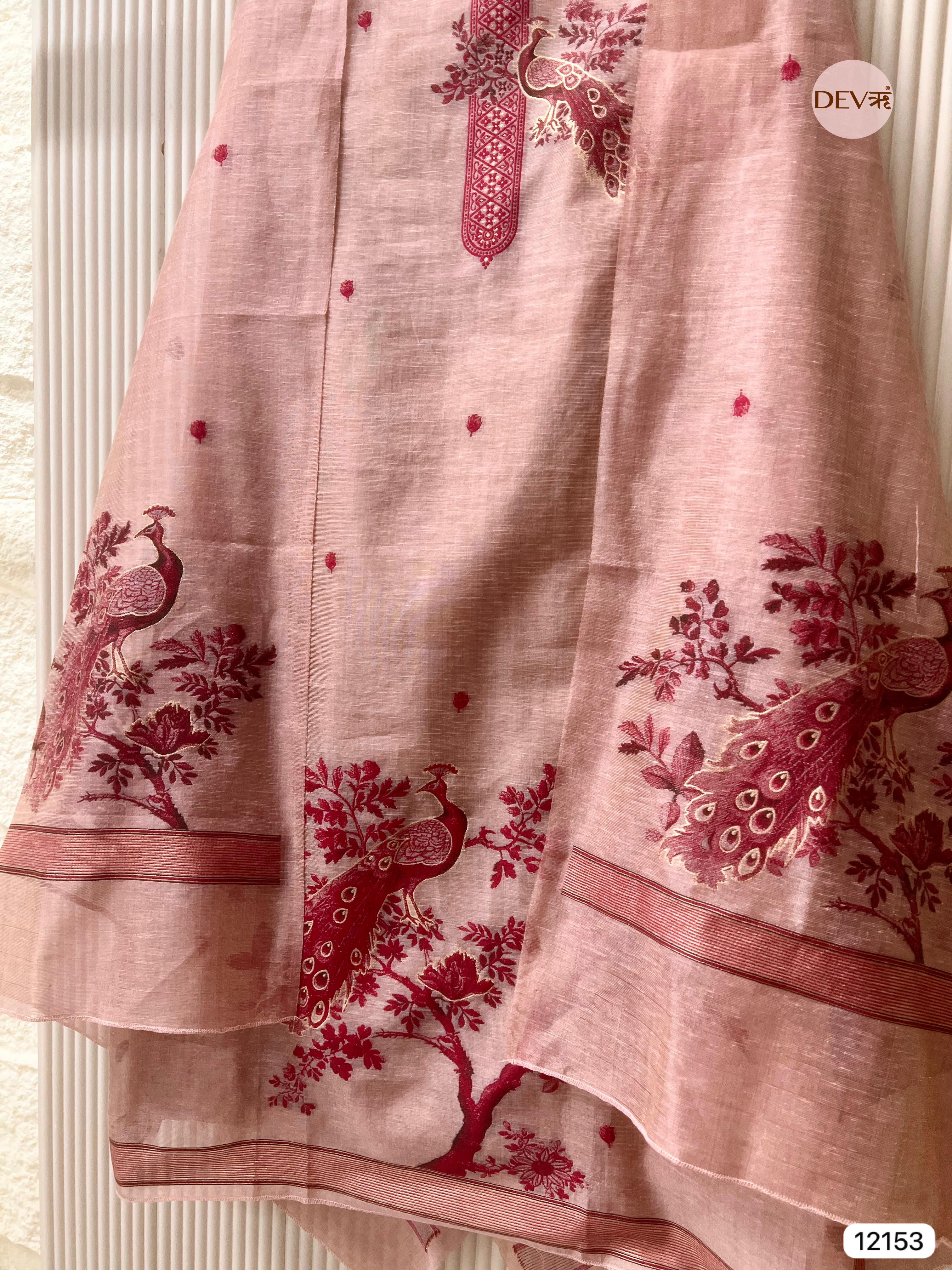 {12153} Peach Pure Jamdani Linen Unstitched - Set Of 3