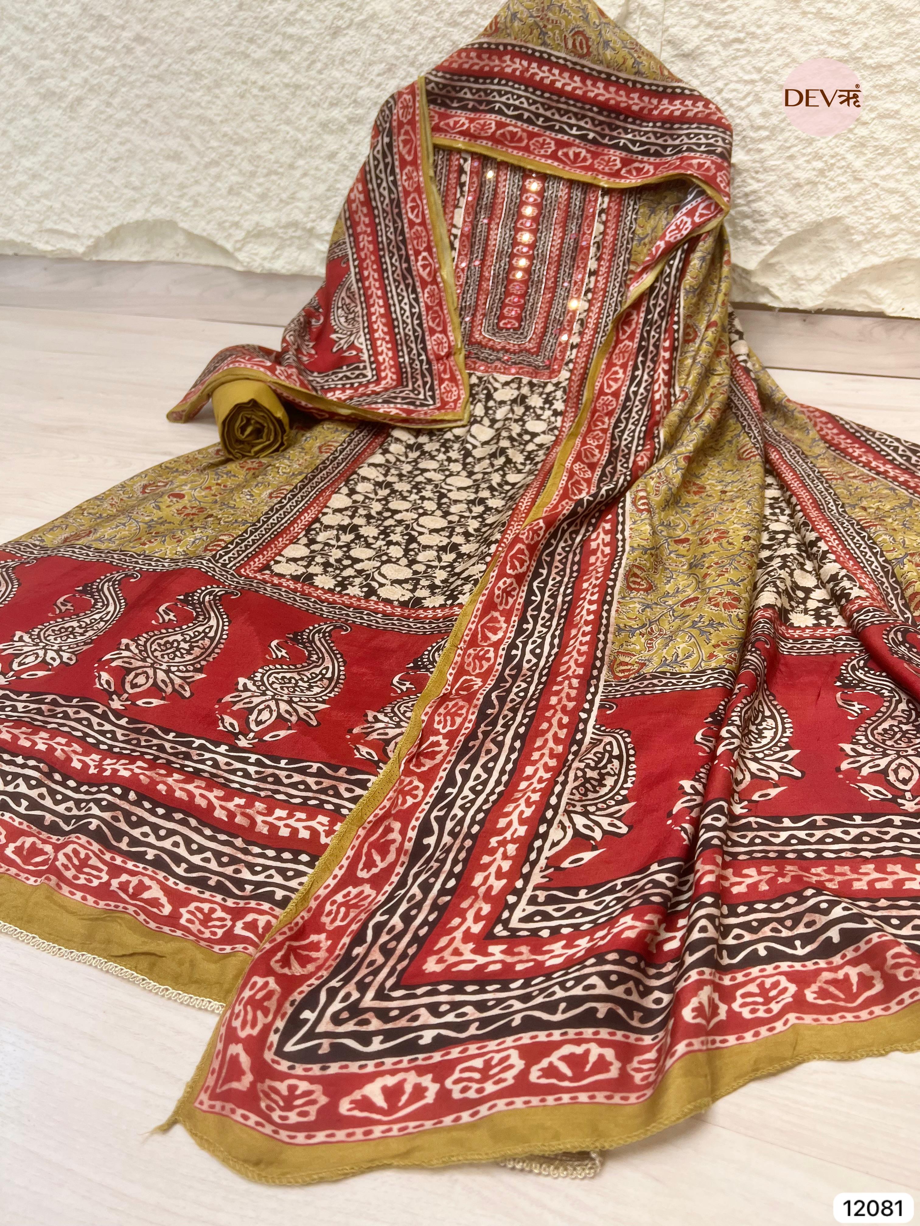 Multi colour Pure Muslin Unstitched Printed Embroidered -Set Of 3- {12081}