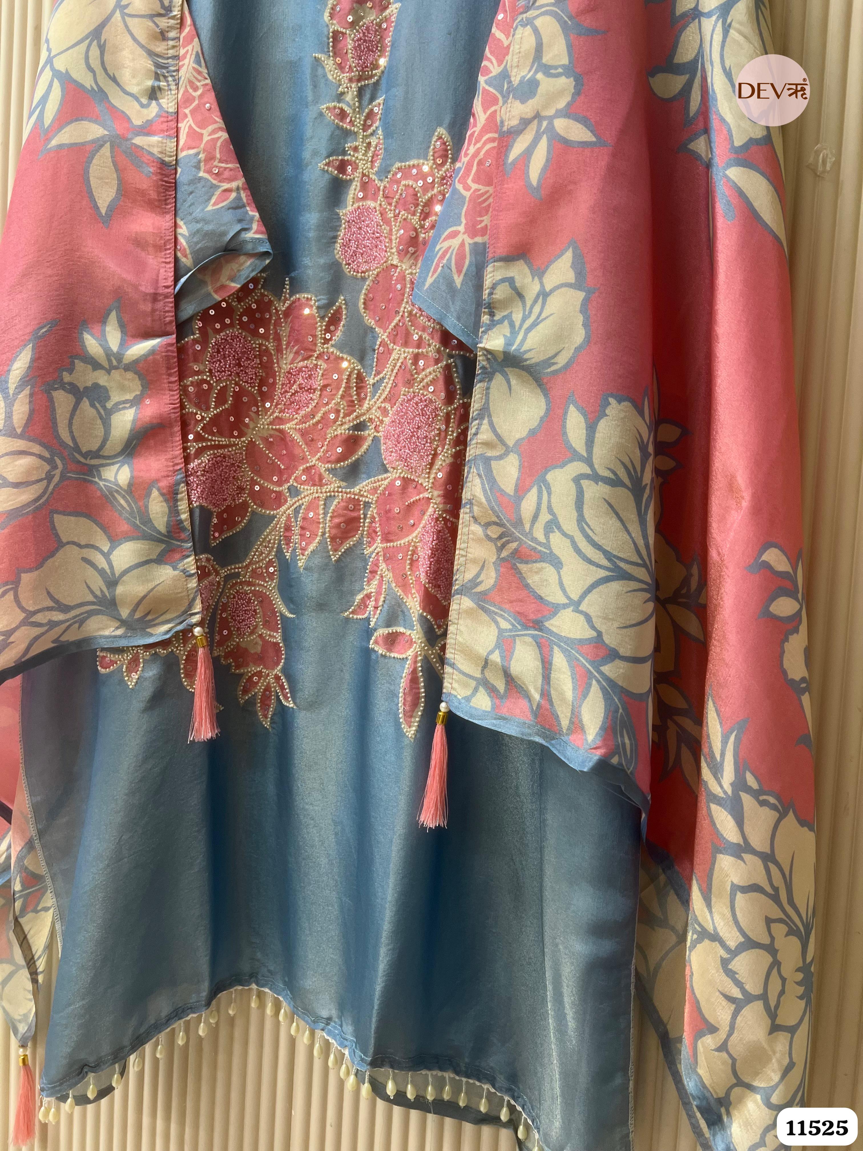 Blue Tissue Silk Semi stitched Printed Embroidered -Set Of 3 - {11525}