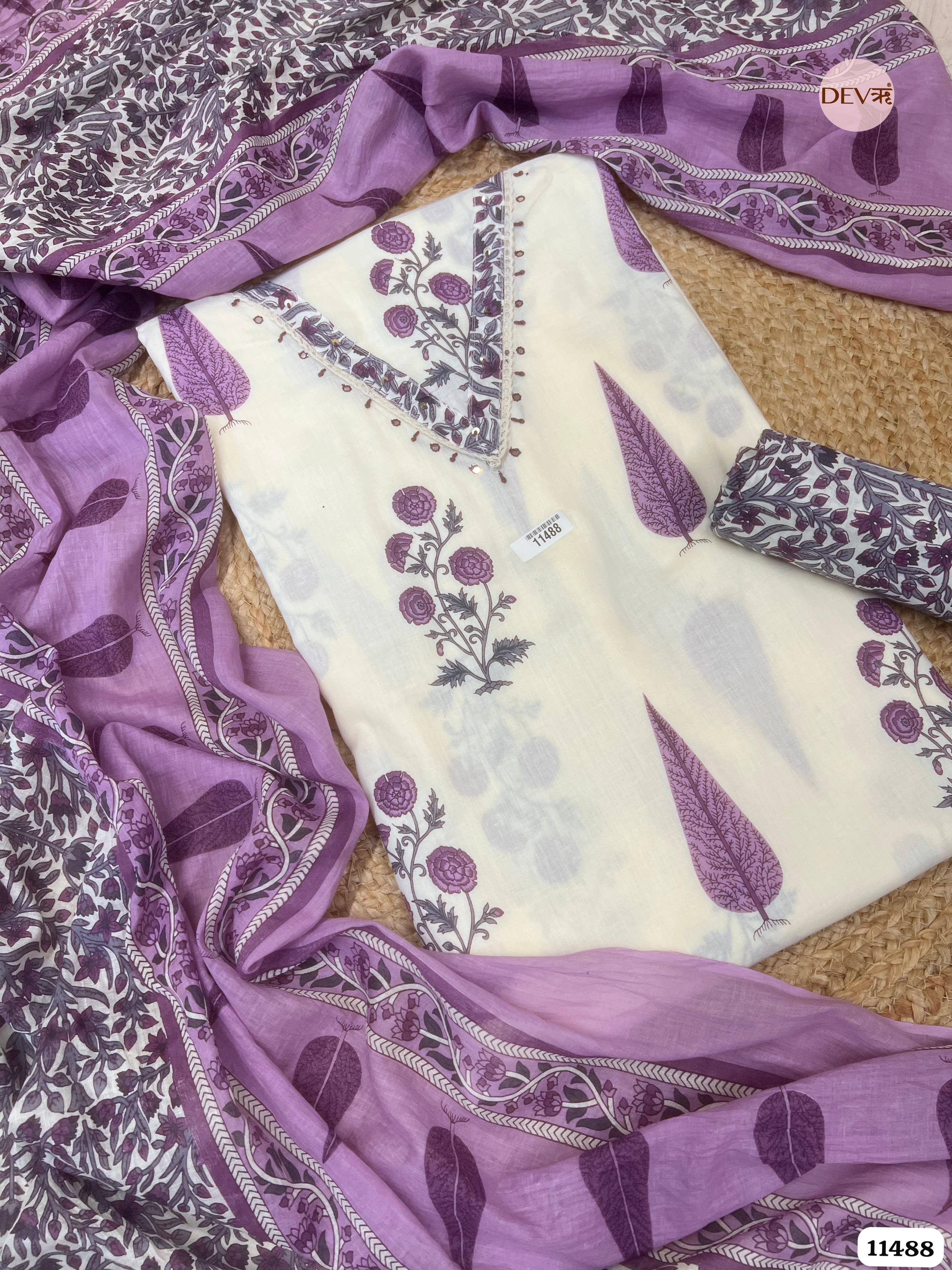 Purple Pure Cotton Unstitched Printed Embroidered -Set Of 3 {11488}