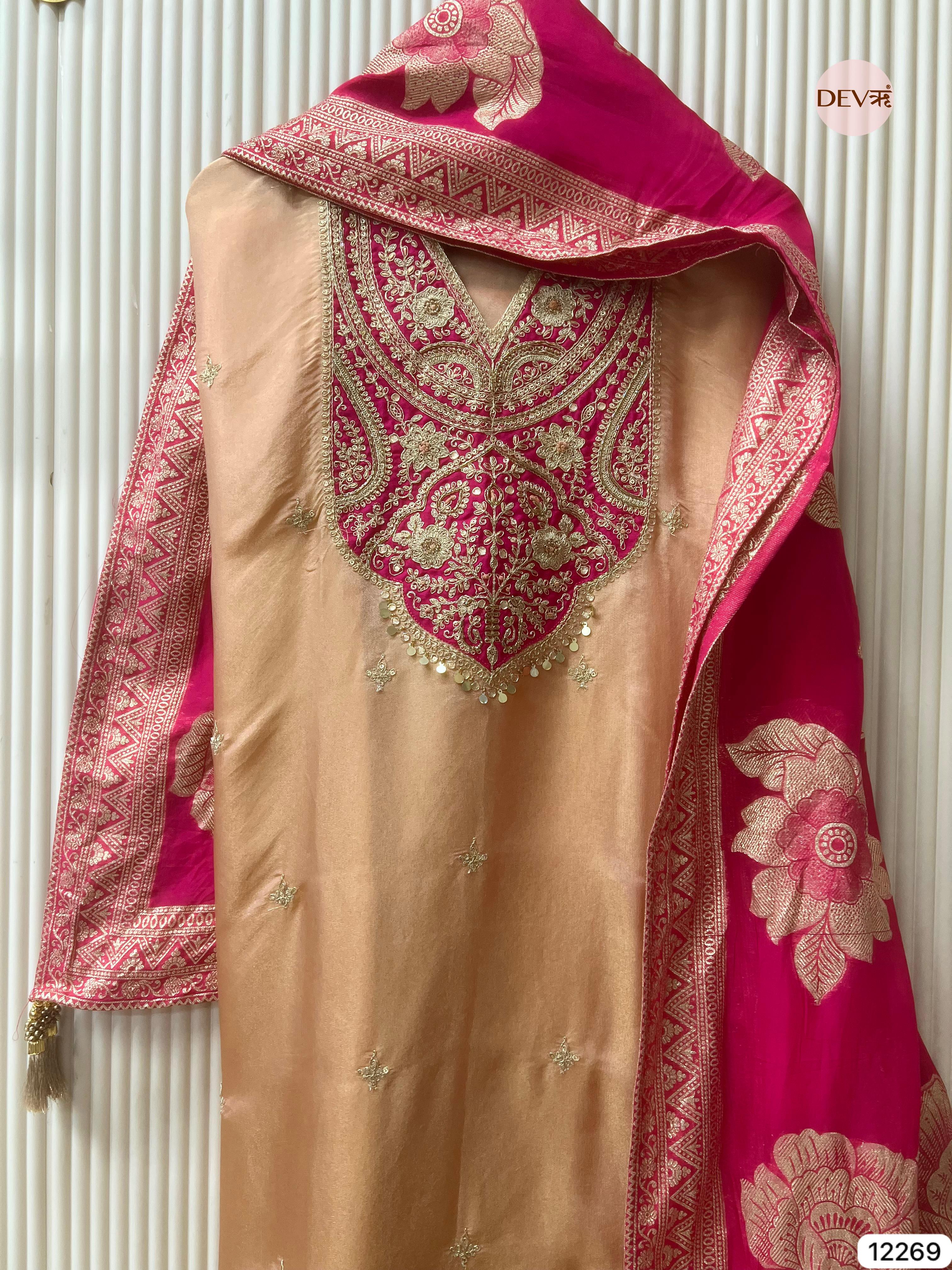 Peach–Rani Tissue Shimmer Silk Embroidered Unstitched 3-Piece Suit (Devri – D.No 12269)