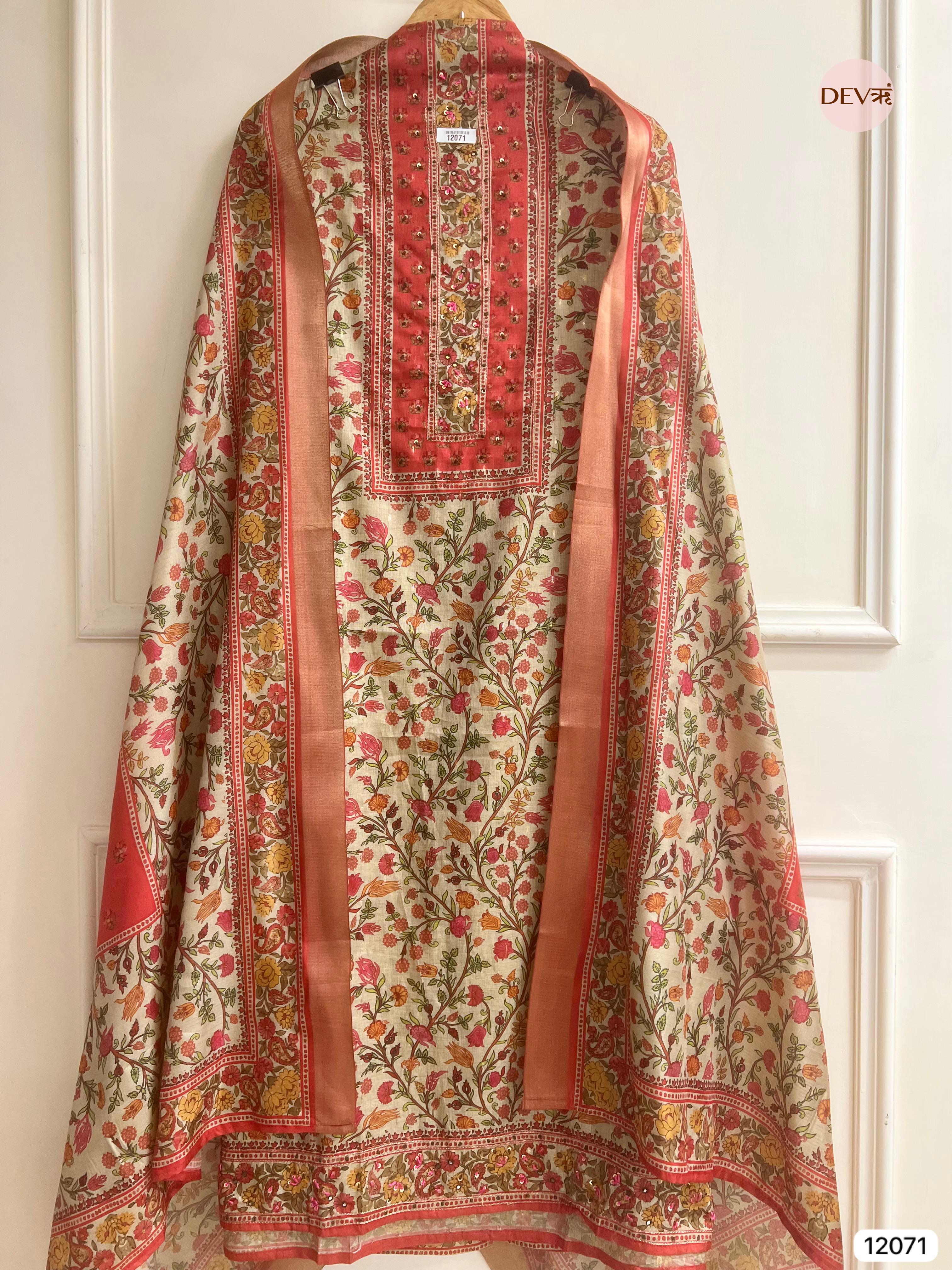 Multi Colour Tissue Khadi Silk Printed Unstitched Hand Embroidered -Set Of 3 - {12071}