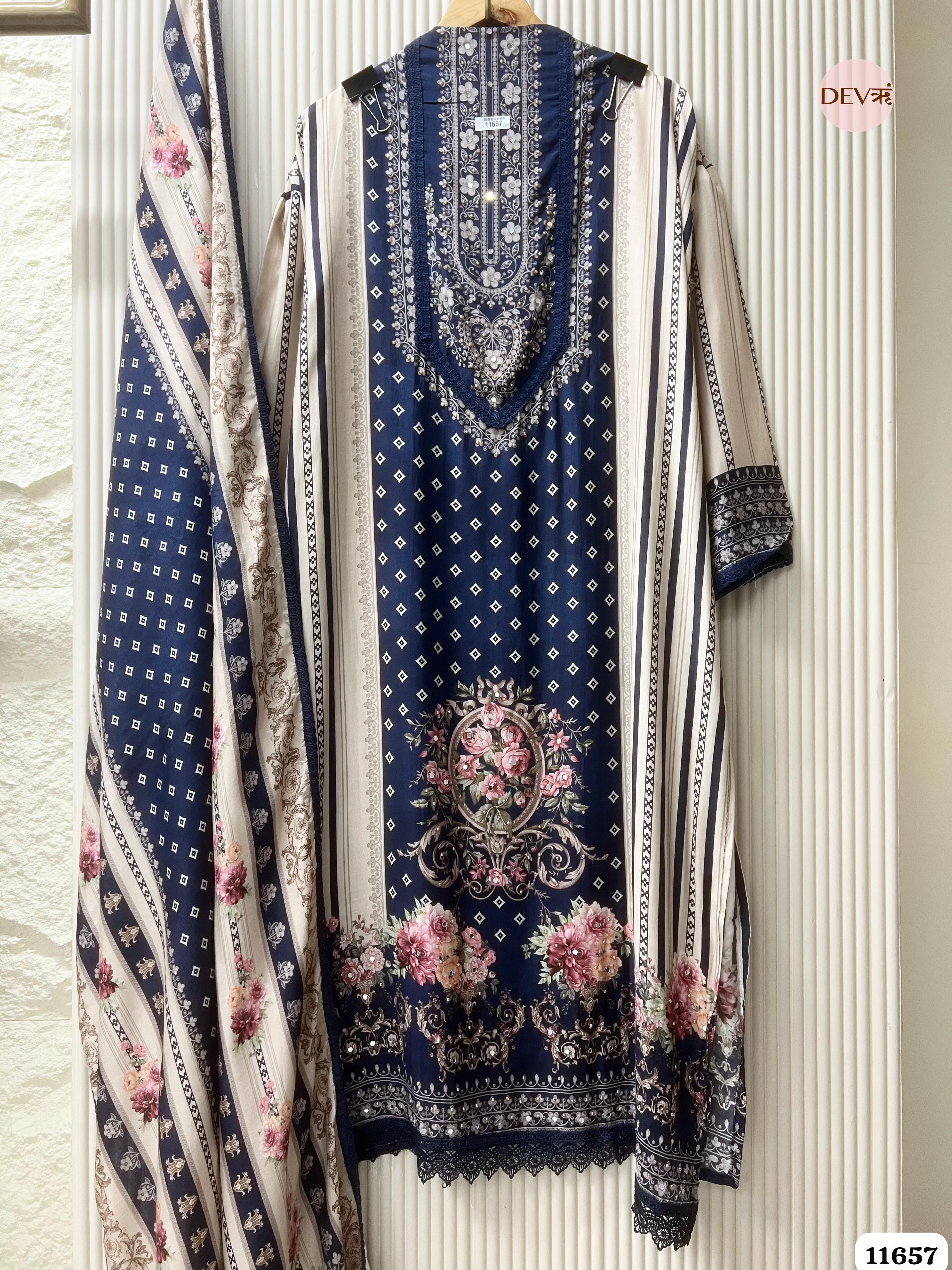 Navy Blue Muslin Printed Semi Stitched Hand Embroidered -Set Of 3 {11657}