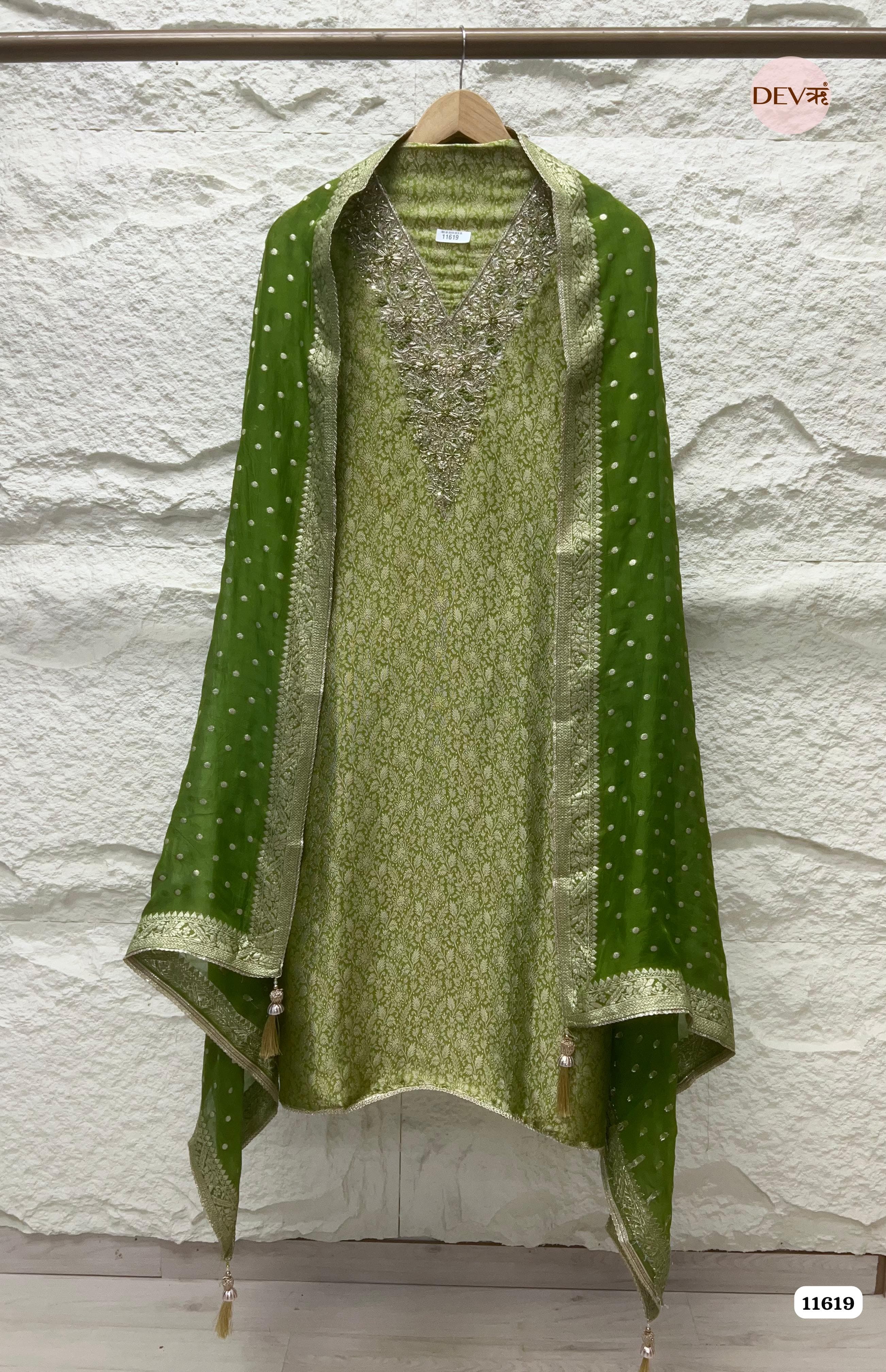 Green Pure Tissue Banarasi Silk Unstitched Hand Embroidered -Set Of 3 {11619}