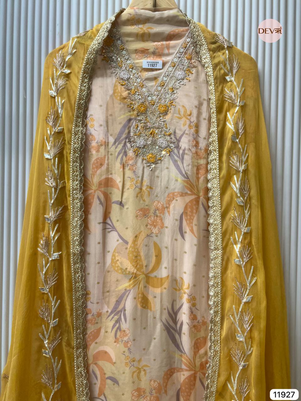 Mustard Yellow Glass Tissue Silk Unstitched Printed Hand Embroidered -Set Of 3 - {11927}