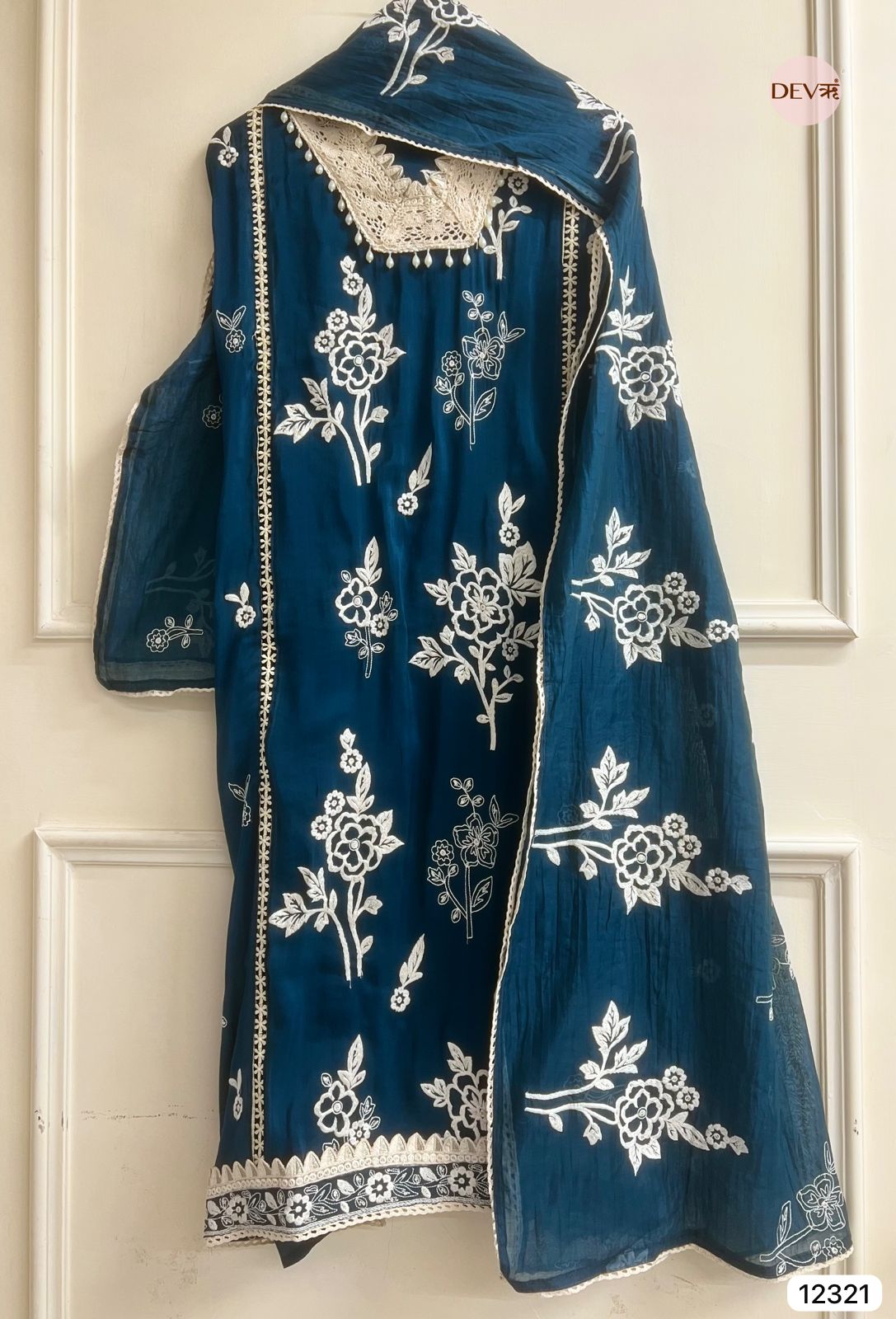 Peacock Blue Mul Chanderi Embroidered Unstitched 3-Piece Suit (Devri – D.No-12321)