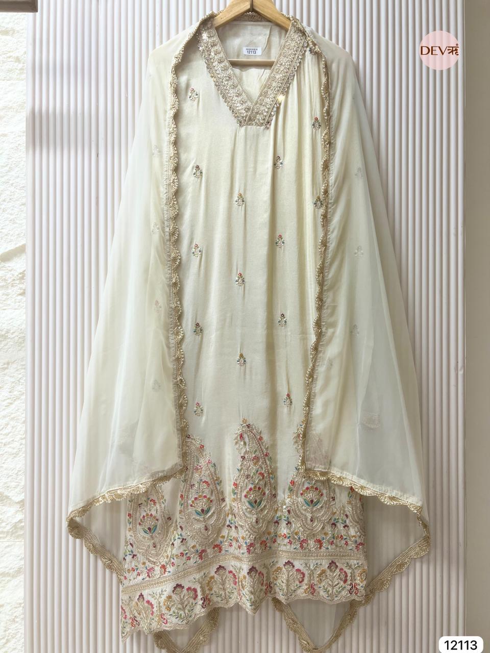 Ivory Tissue Shimmer Silk Embroidered Unstitched 3-Piece Suit (Devri – D.No 12113)