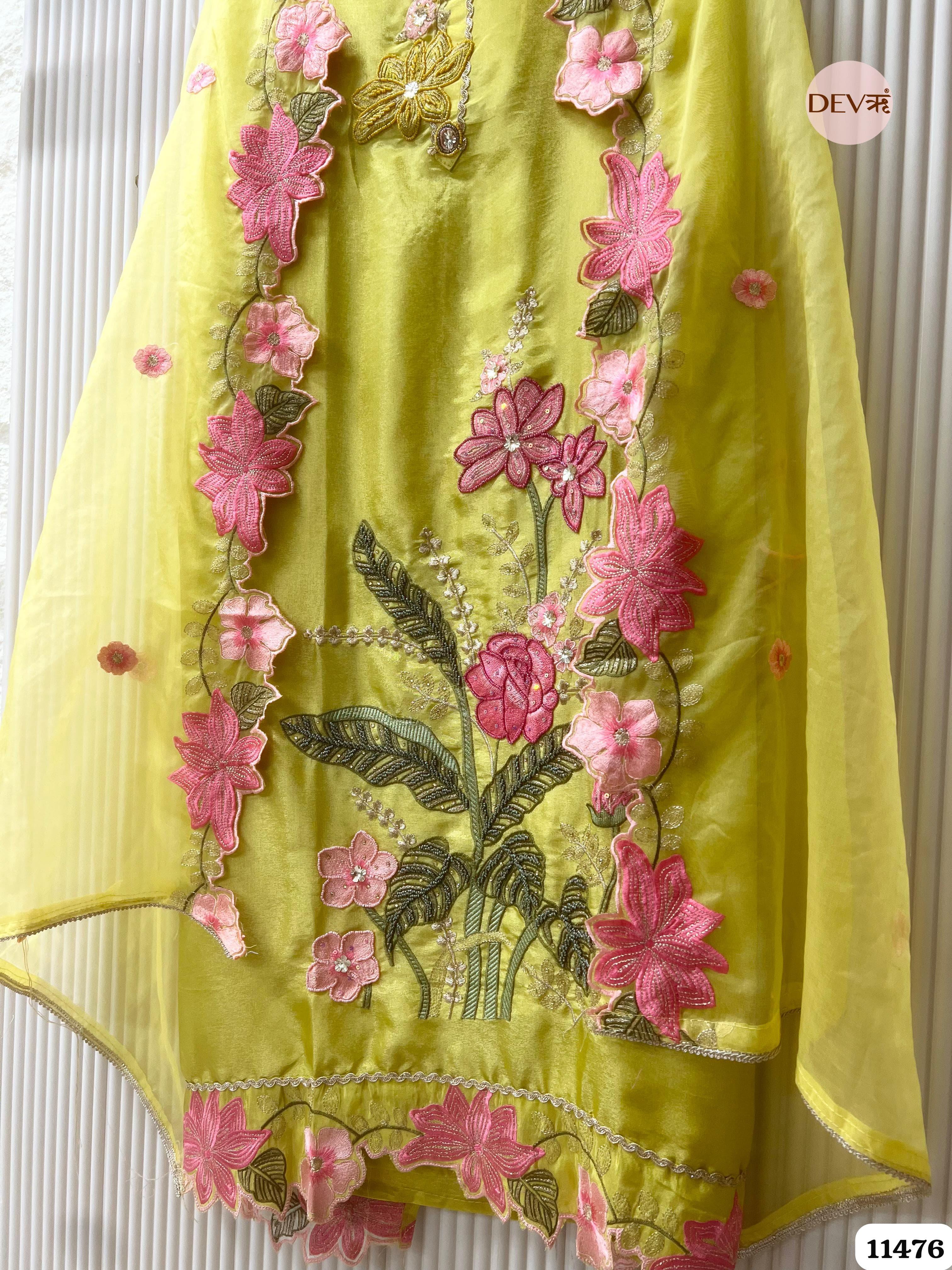 Lime Green Tissue Silk Unstitched Hand Embroidered -Set Of 3 {11476}