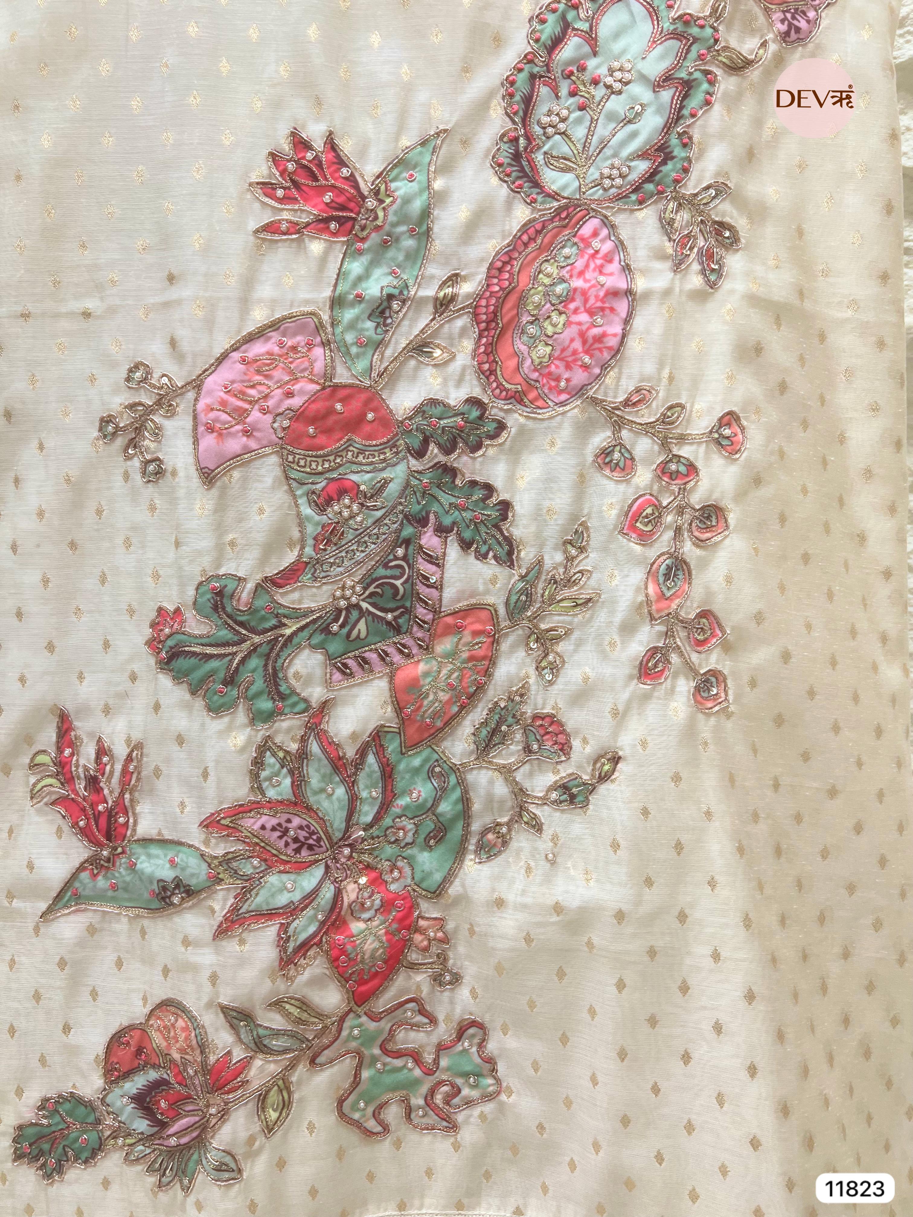 Off White Pure Shimmer Tissue Silk Unstitched Hand Embroidered -Set Of 3 - {11823}