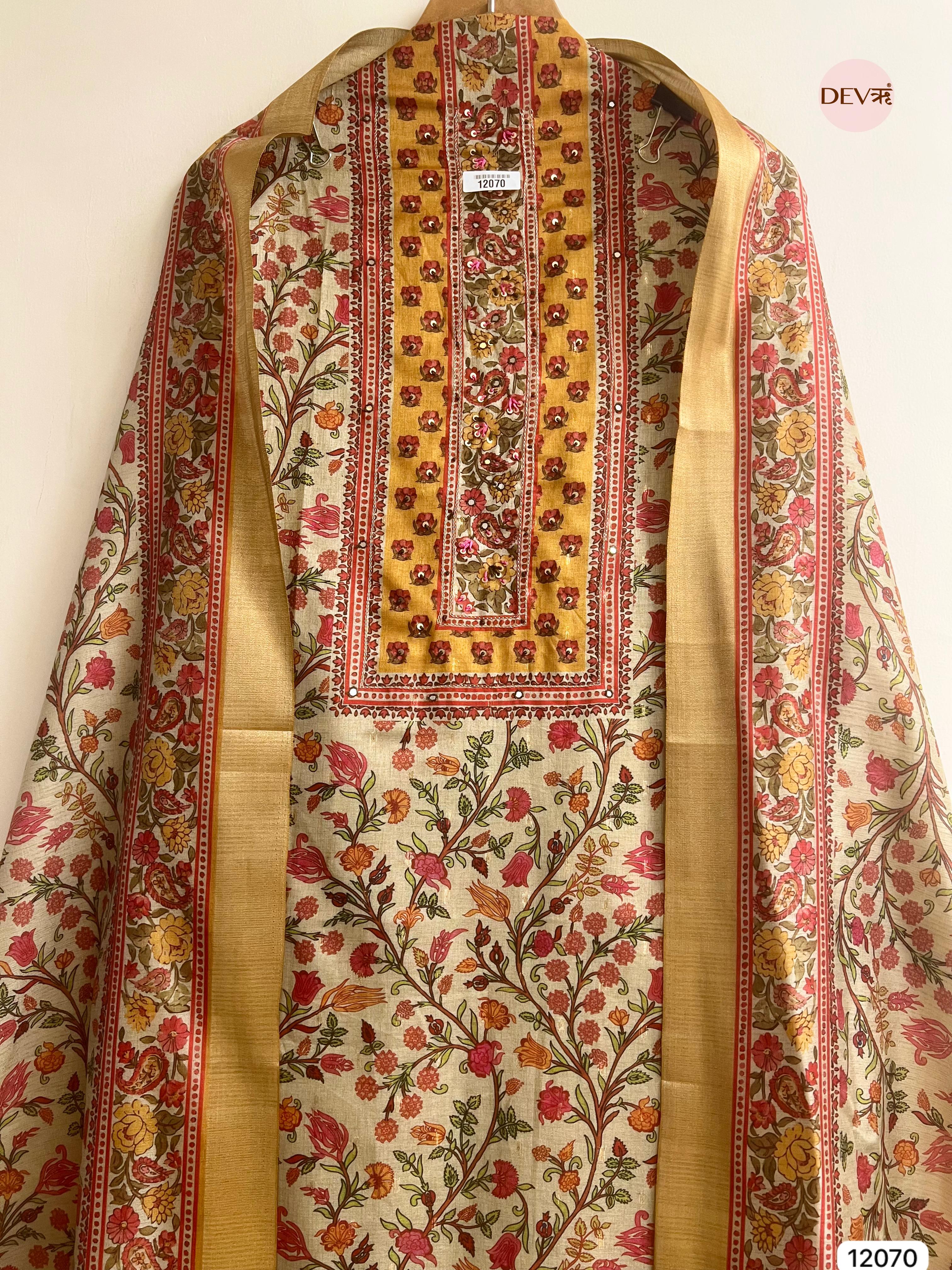Multi colour Tissue Khadi Silk Printed Unstitched Hand Embroidered -Set Of 3 - {12070}