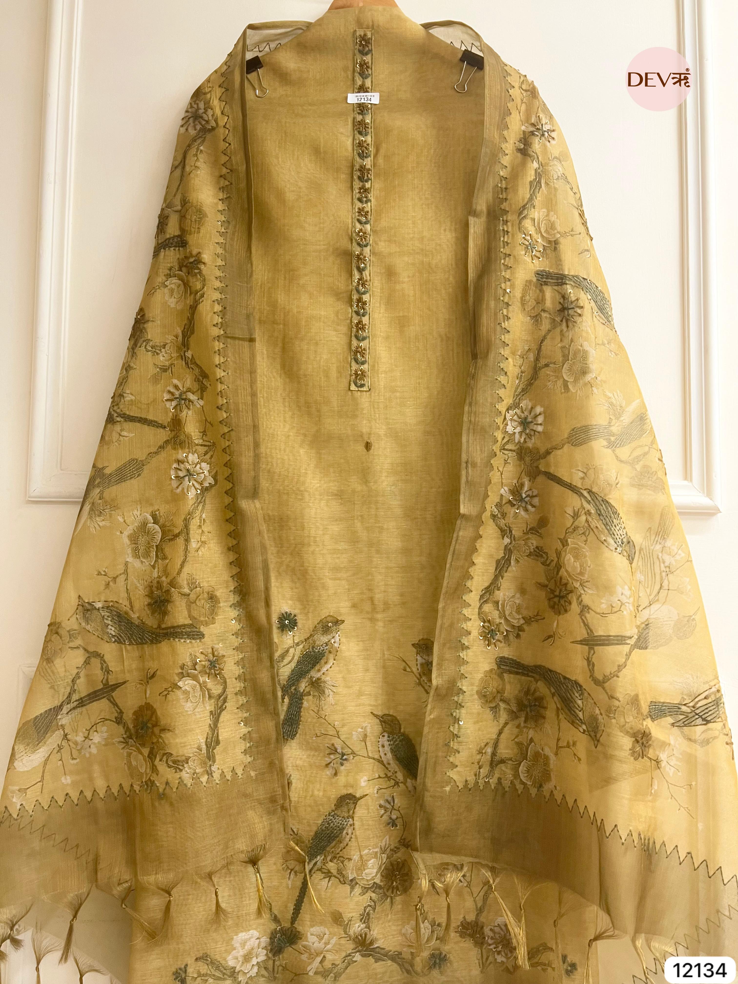 Yellow Pure Soft jamdani linen Woven Unstitched -Set Of 3 - {12134}