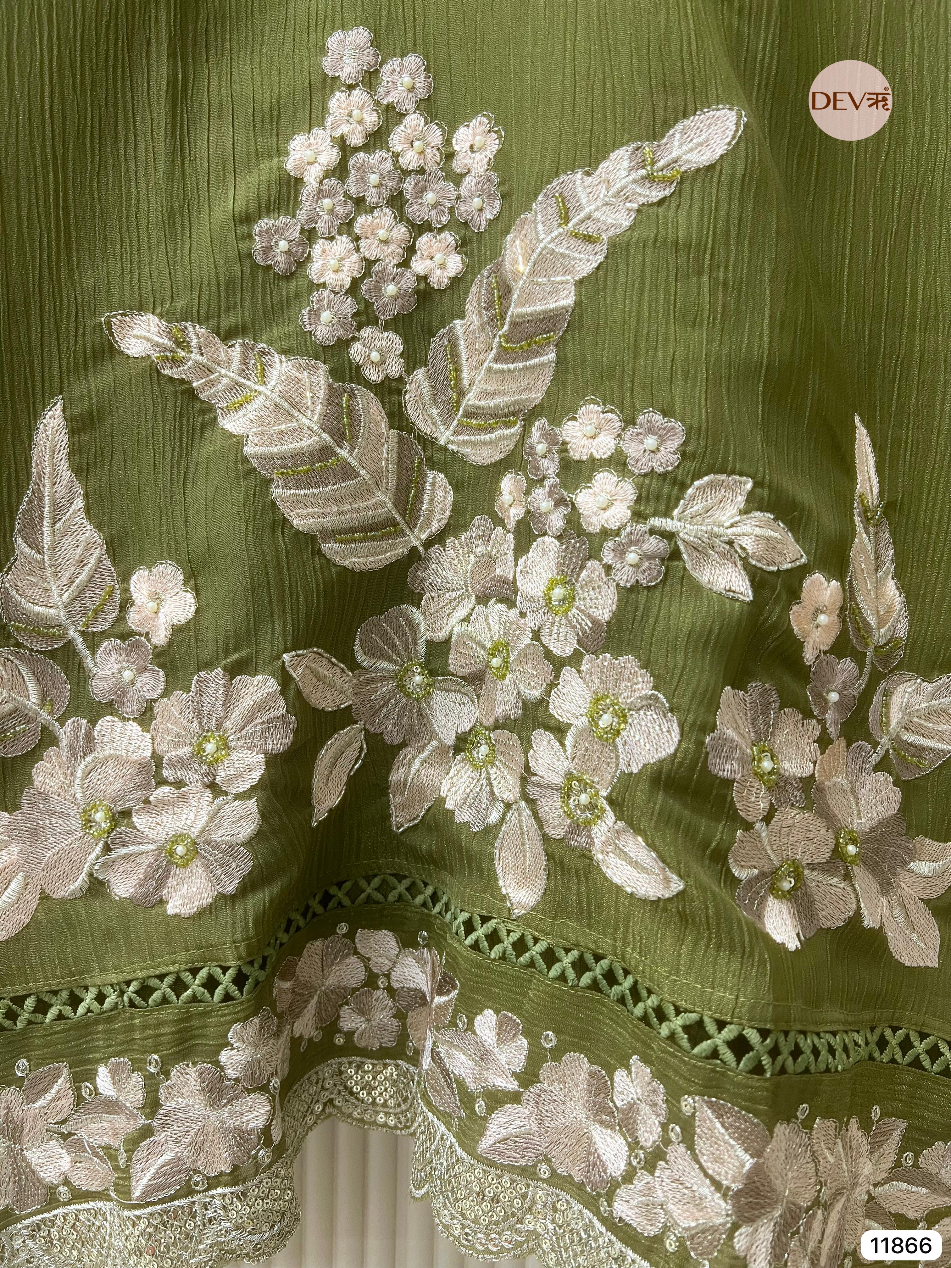 Green Tissue Crush Silk Unstitched Embroidered -Set Of 3 - {11866}