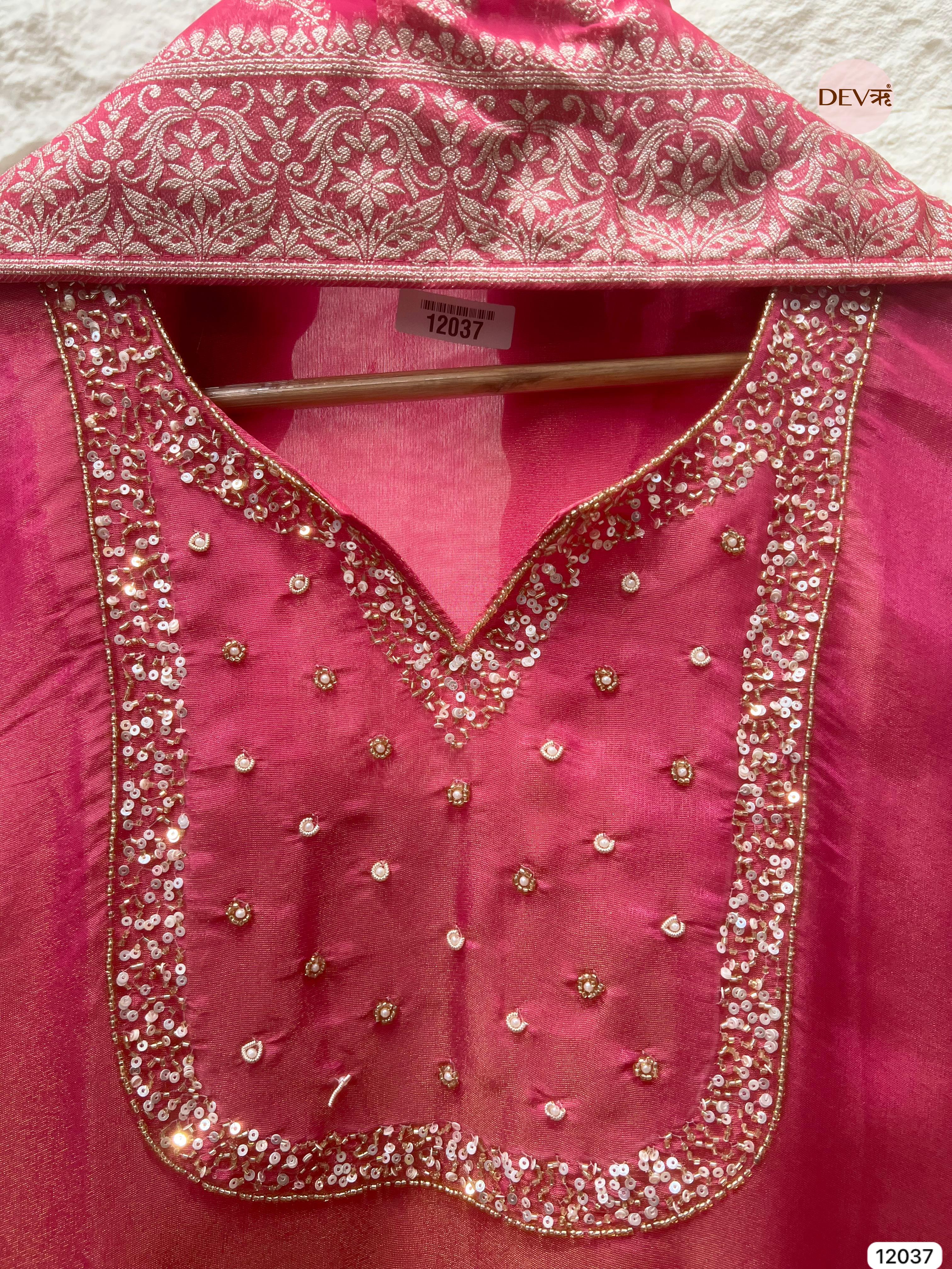 Pink Tissue Shimmer Silk Unstitched Embroidered -Set Of 3 - {12037}