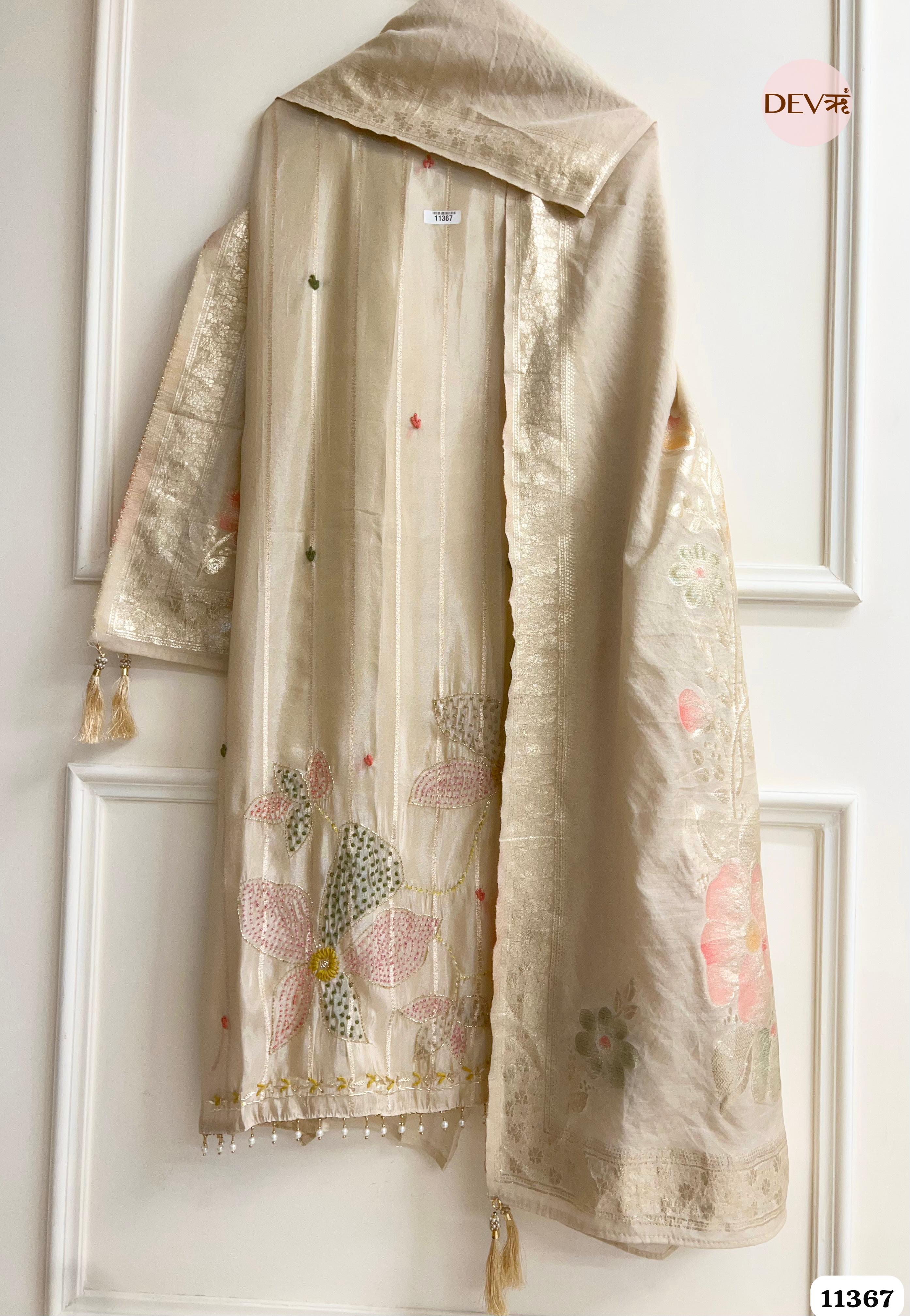 Off-White Or Cream Color Tissue Silk Unstitched Woven Hand Embroidered -Set Of 3 {11367}