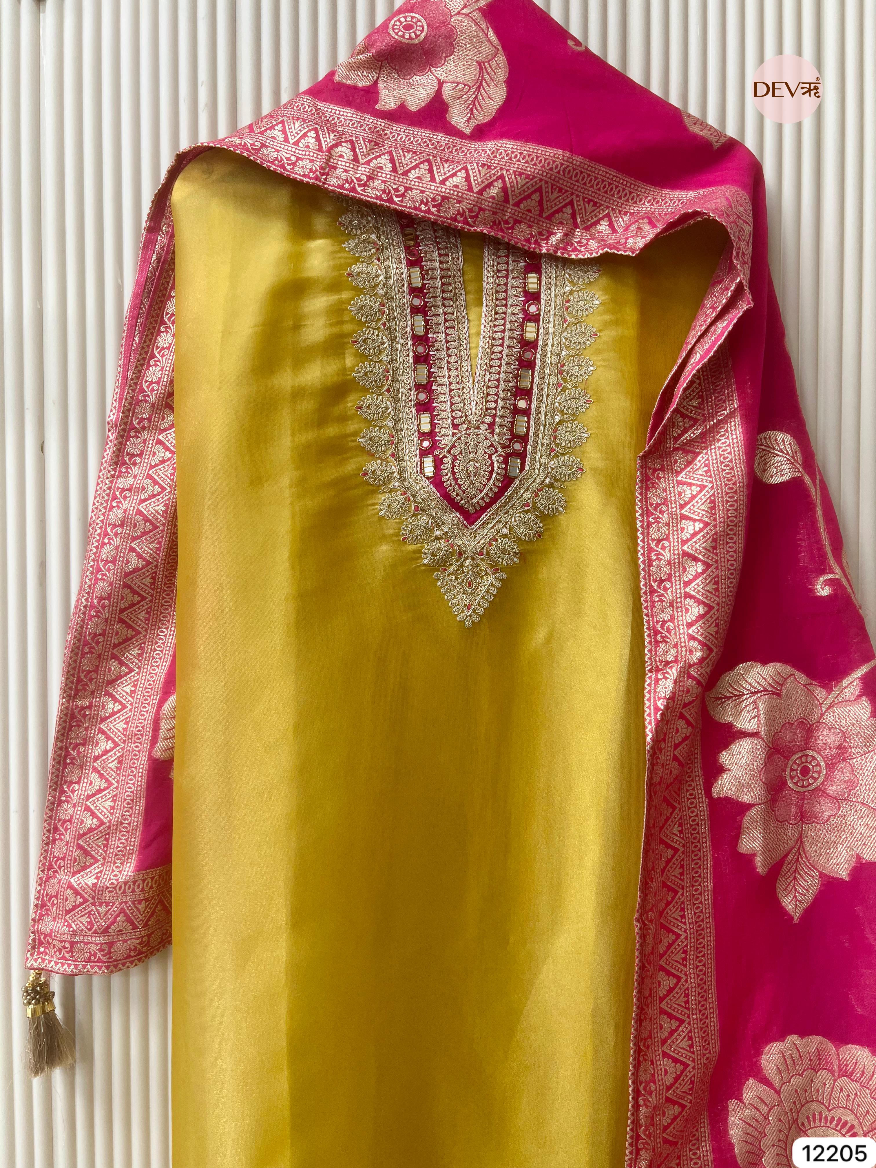 Yellow Shimmer Silk Embroidered Unstitched 3-Piece Suit (Devri – D.No 12205)