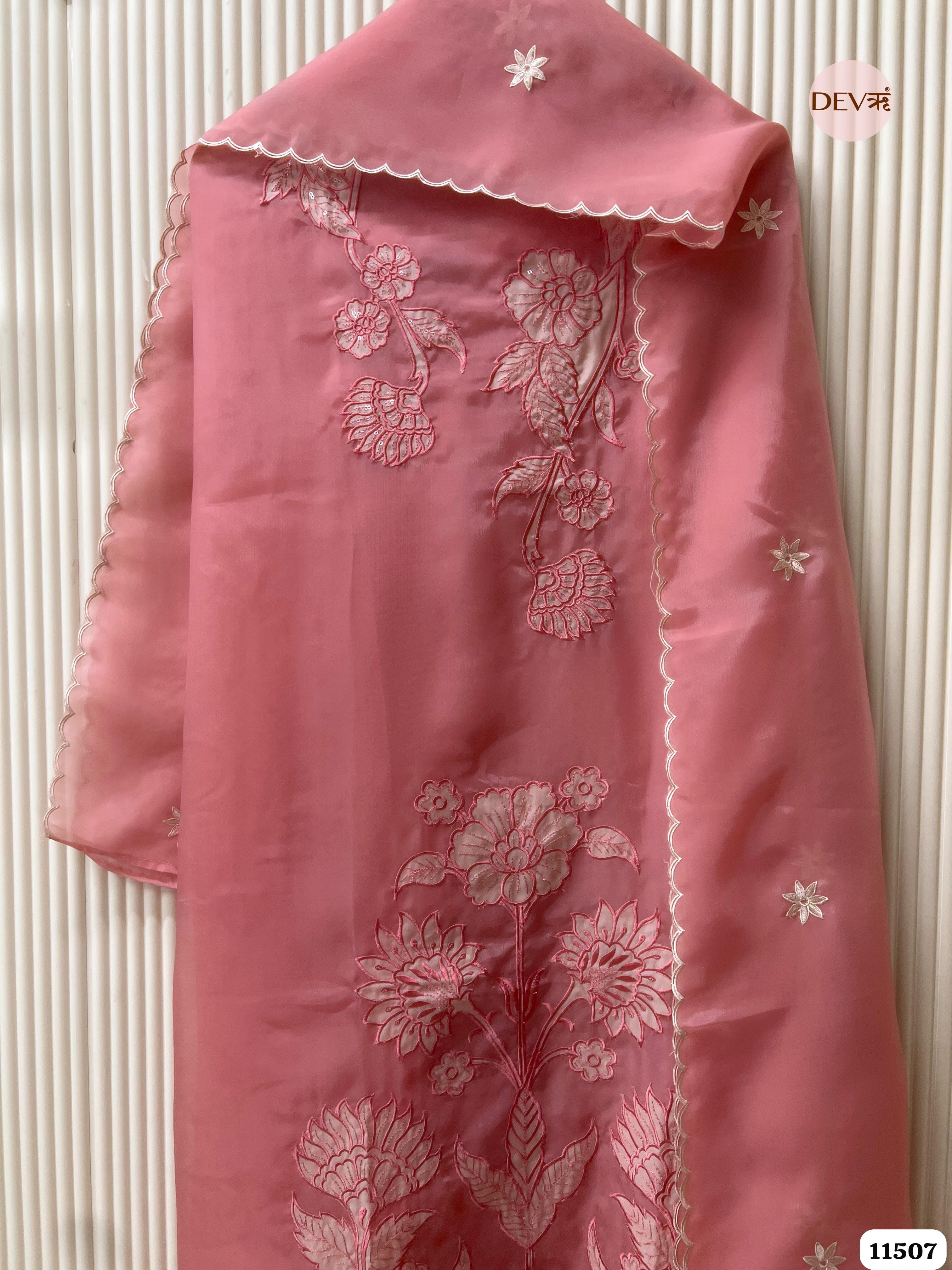 Pink organza Silk Unstitched Embroidered -Set Of 3 {11507}
