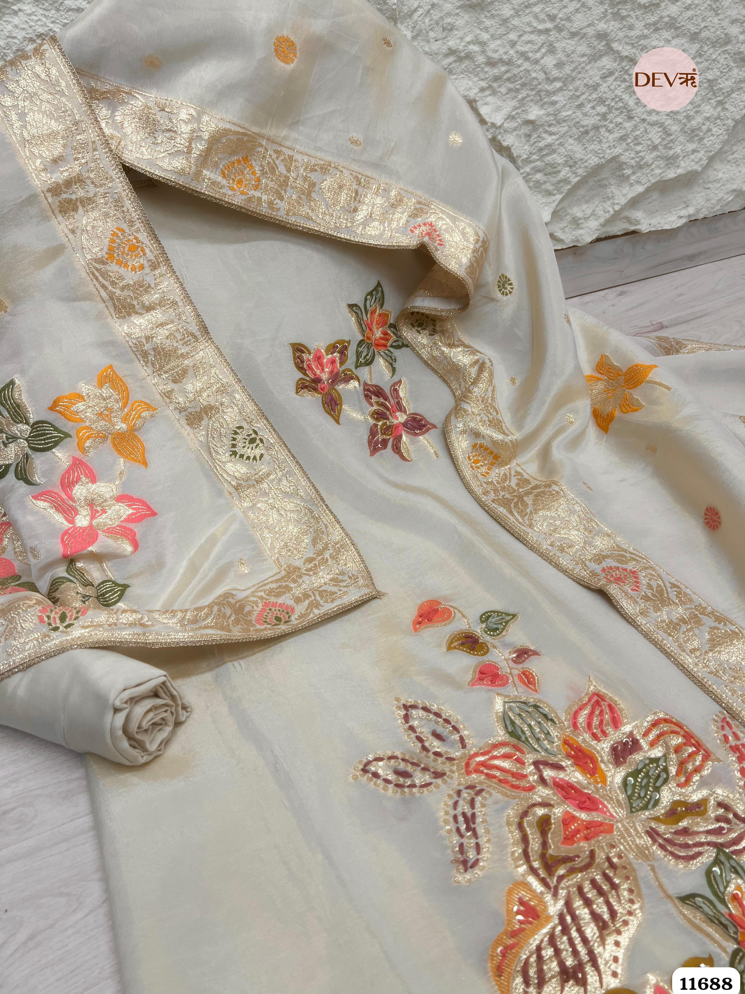 Off white Burberry Silk Unstitched Woven Hand Embroidered -Set Of 3 {11688}