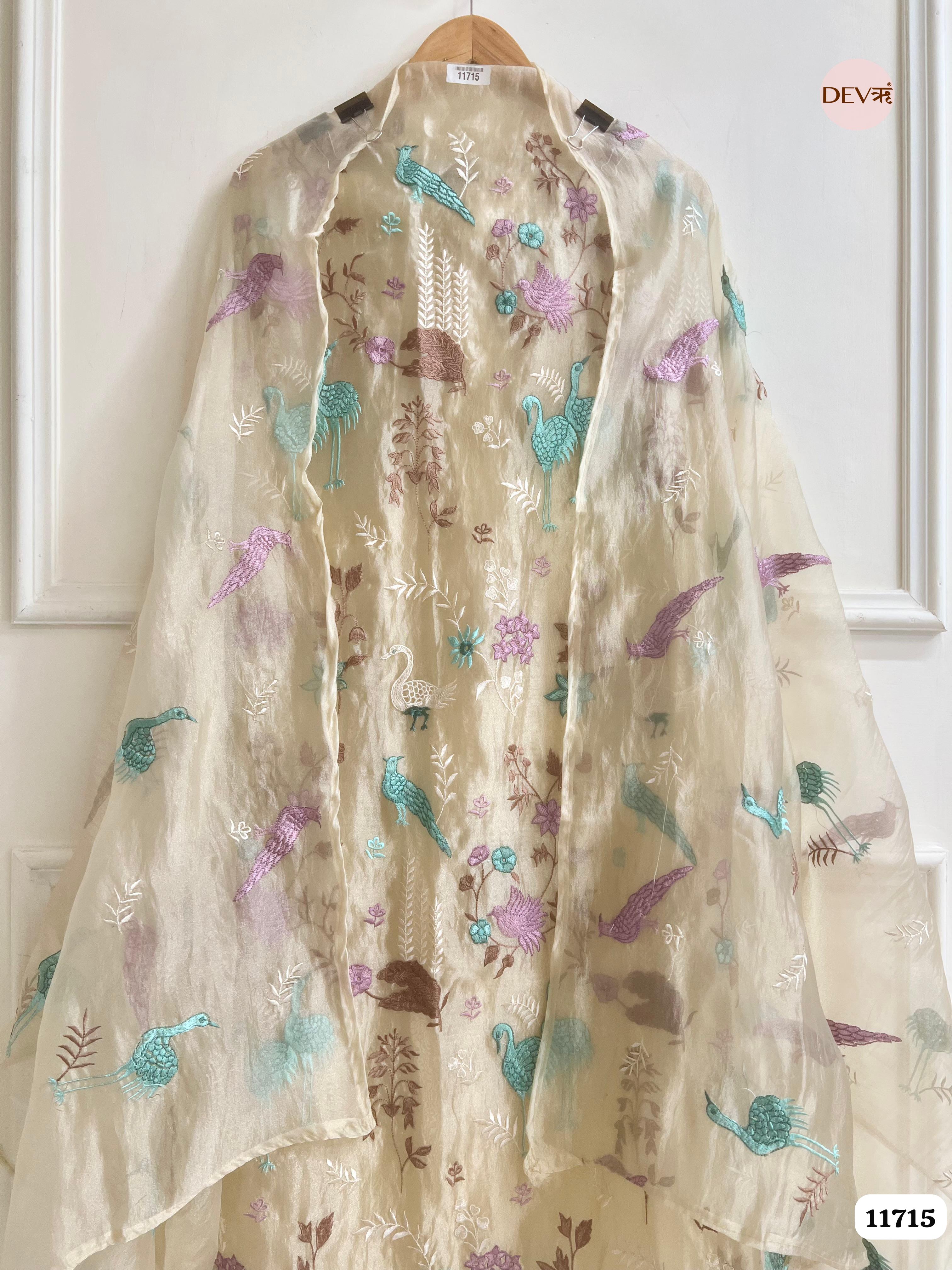Beige Tissue Organza Silk Unstitched Embroidered -Set Of 3- {11715}