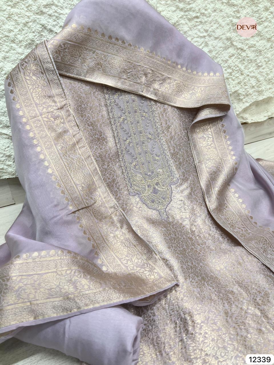Lavender Mauve Pure Banarasi Silk Embroidered Unstitched 3-Piece Suit (Devri – D.No 12339)