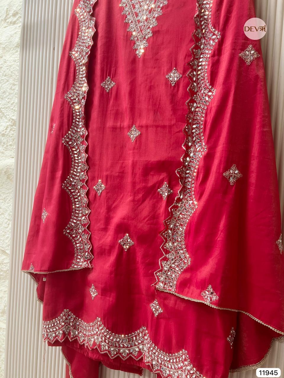 Red Modal Silk Unstitched Hand Embroidered -Set Of 3 - {11945}