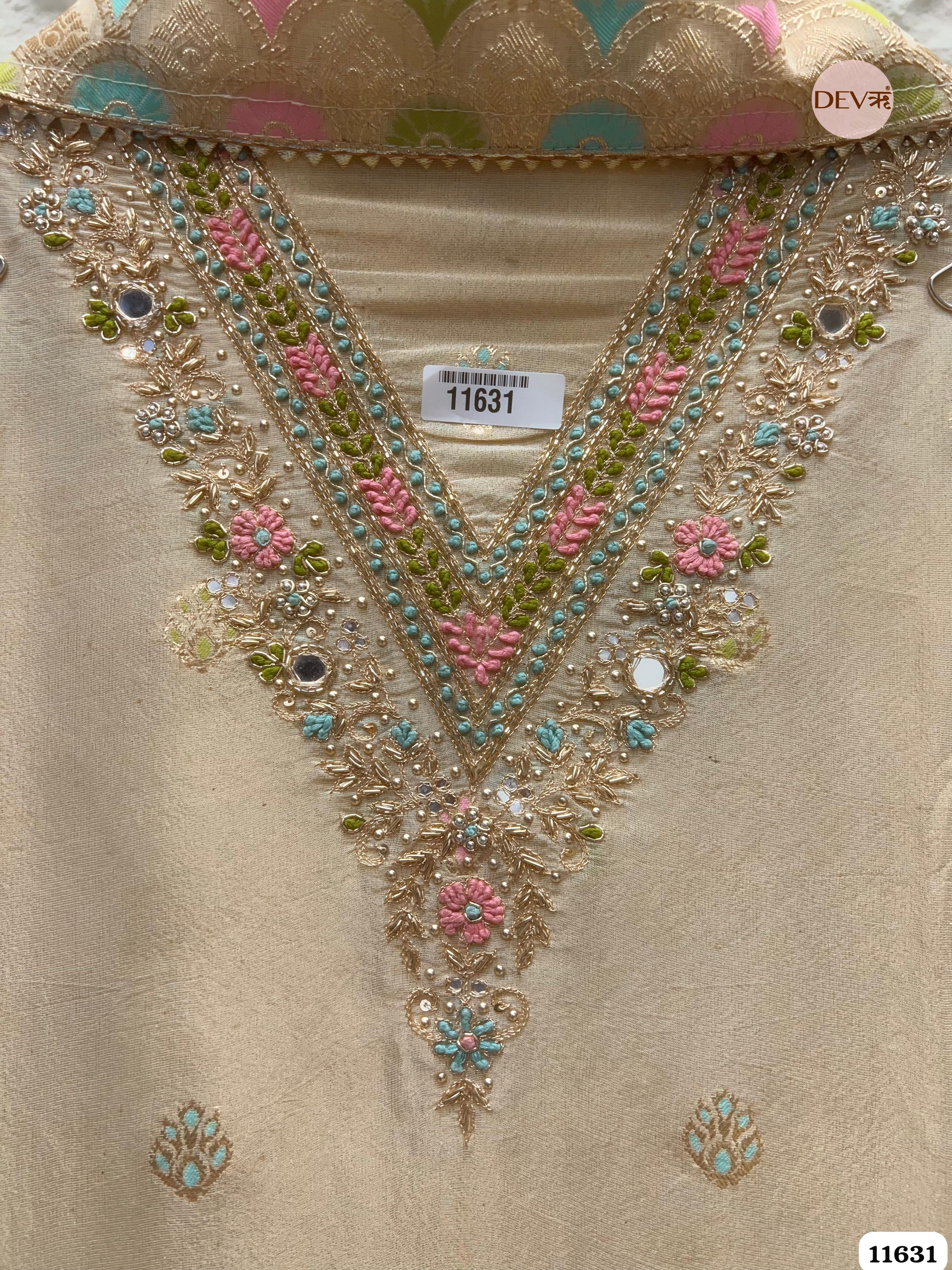 Beige Pure Organza Silk Unstitched Hand Embroidered Banarasi Weave -Set Of 3 {11631}