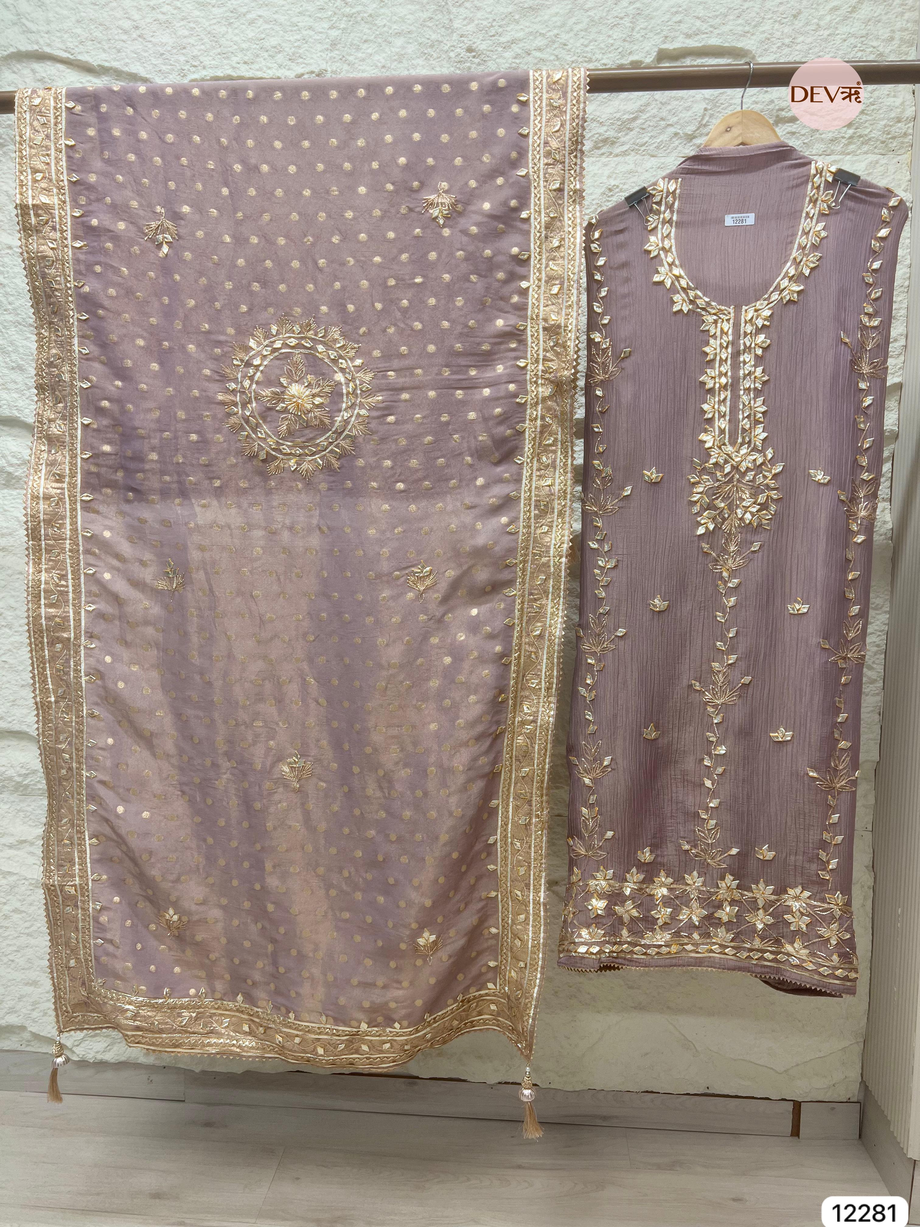 Purple Pure Chinon Unstitched Hand Embroidered -Set Of 3 - {12281}