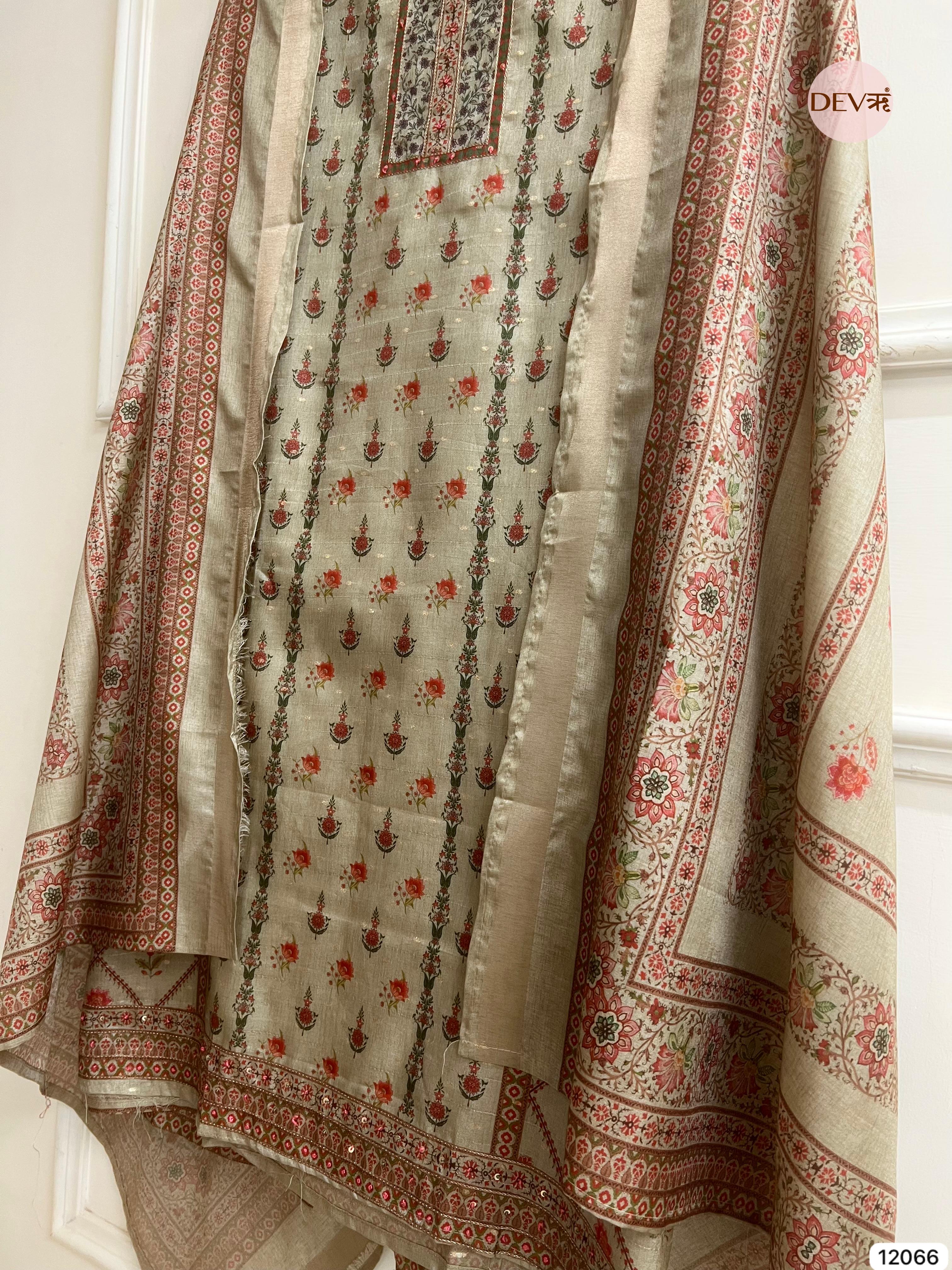 Peach Colour Raw Handloom Silk Unstitched Designer Printed With Hand Embroidery -Set Of 3 - {12066}
