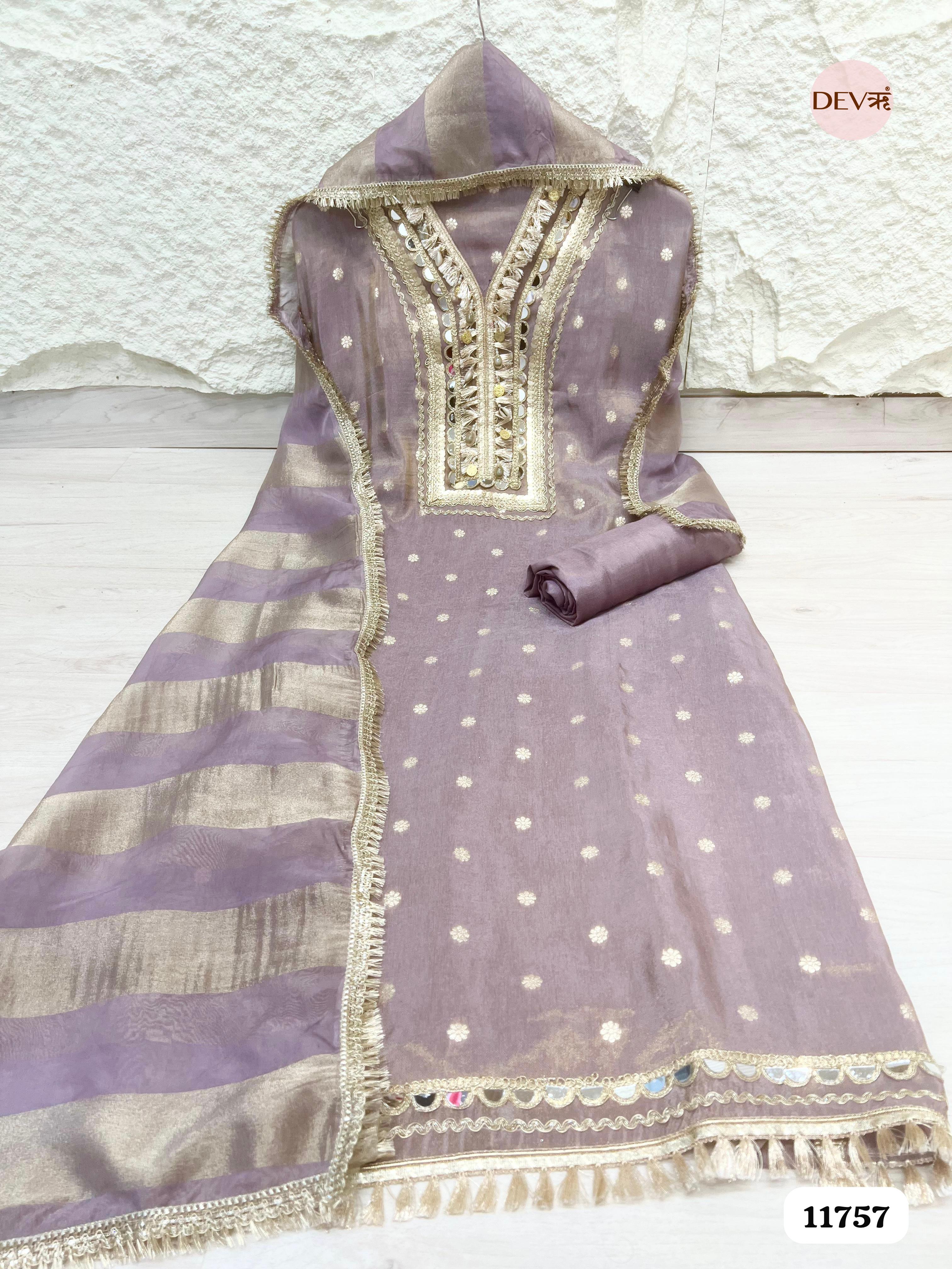 Purple Tissue Silk Unstitched Hand Embroidered -Set Of 3 {11757}