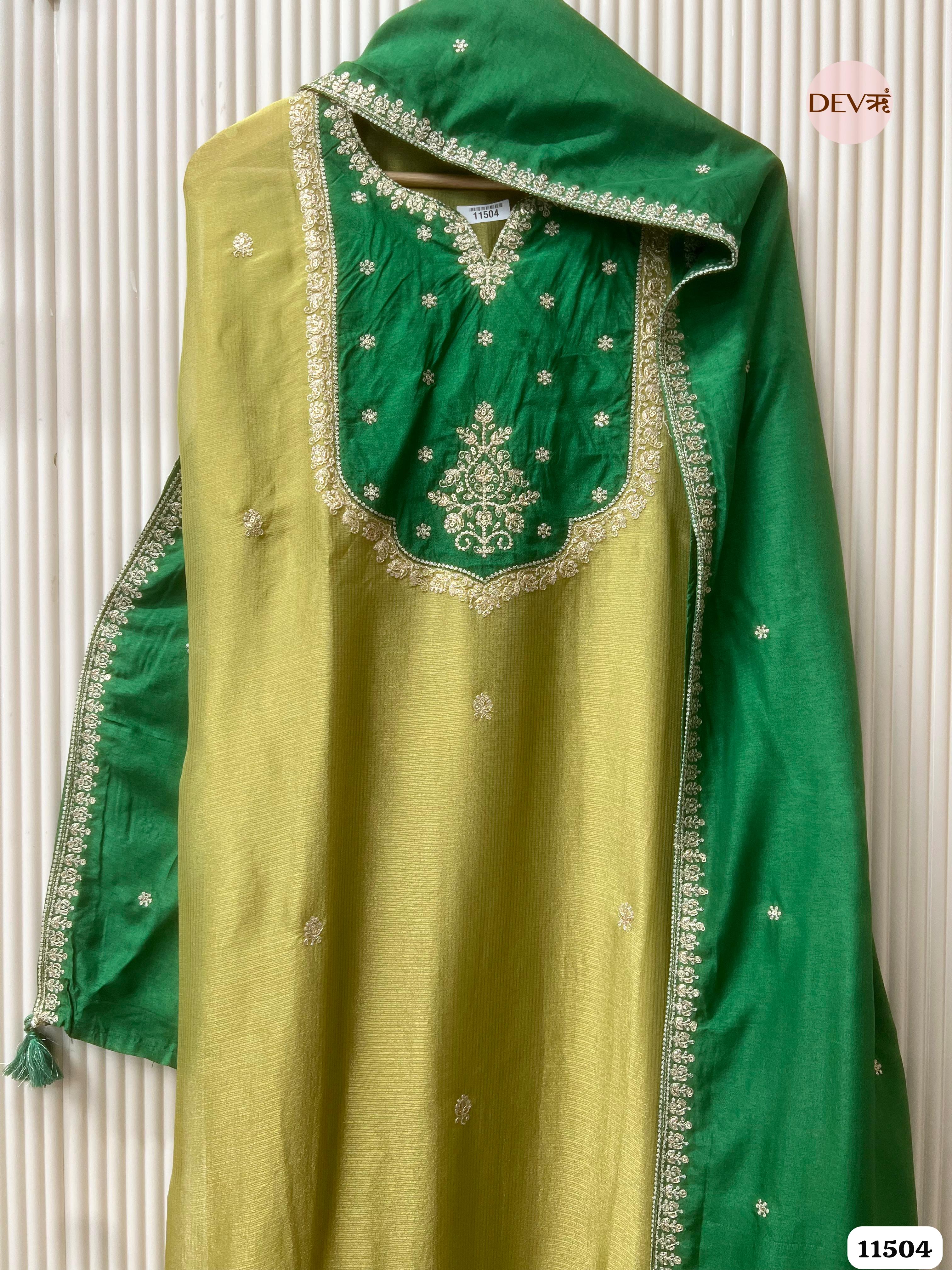 Lime Green Tissue Silk Unstitched Embroidered -Set Of 3 {11504}