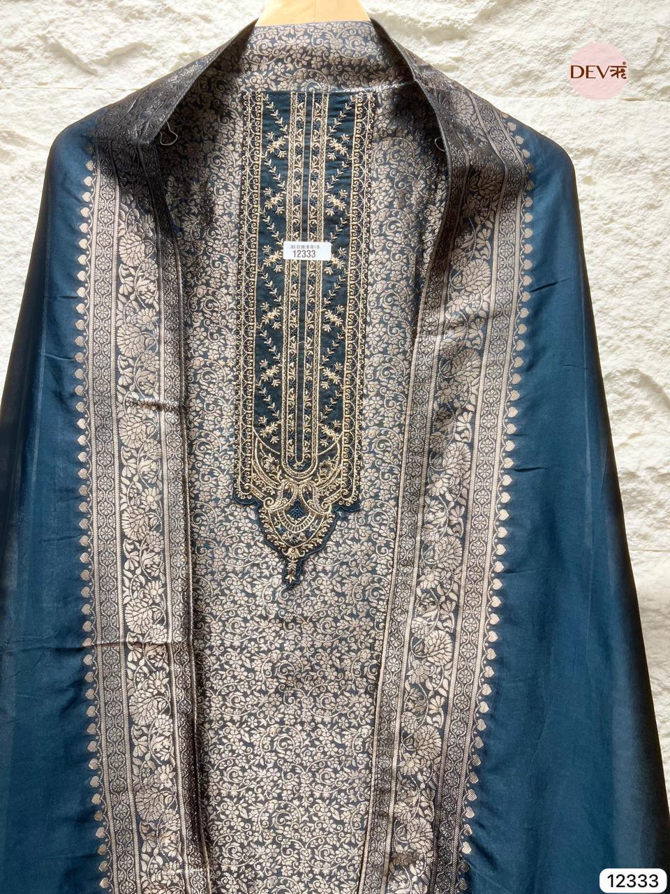 Deep Teal Blue Pure Banarasi Silk Woven Unstitched 3-Piece Suit (Devri – D.No 12333)