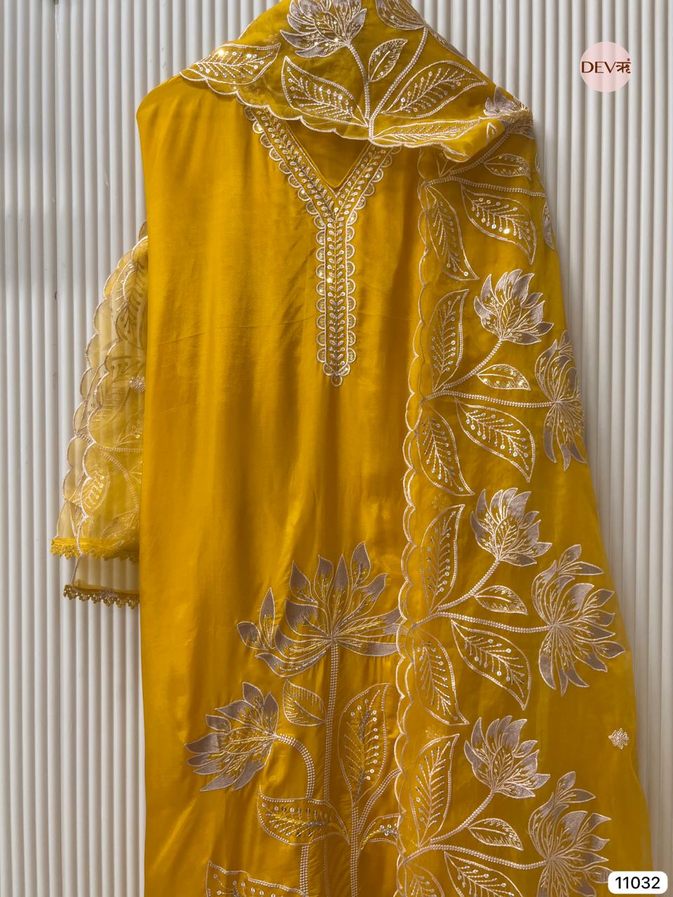 Yellow Glass Tissue Silk Unstitched Embroidered -Set Of 3 - {11932}