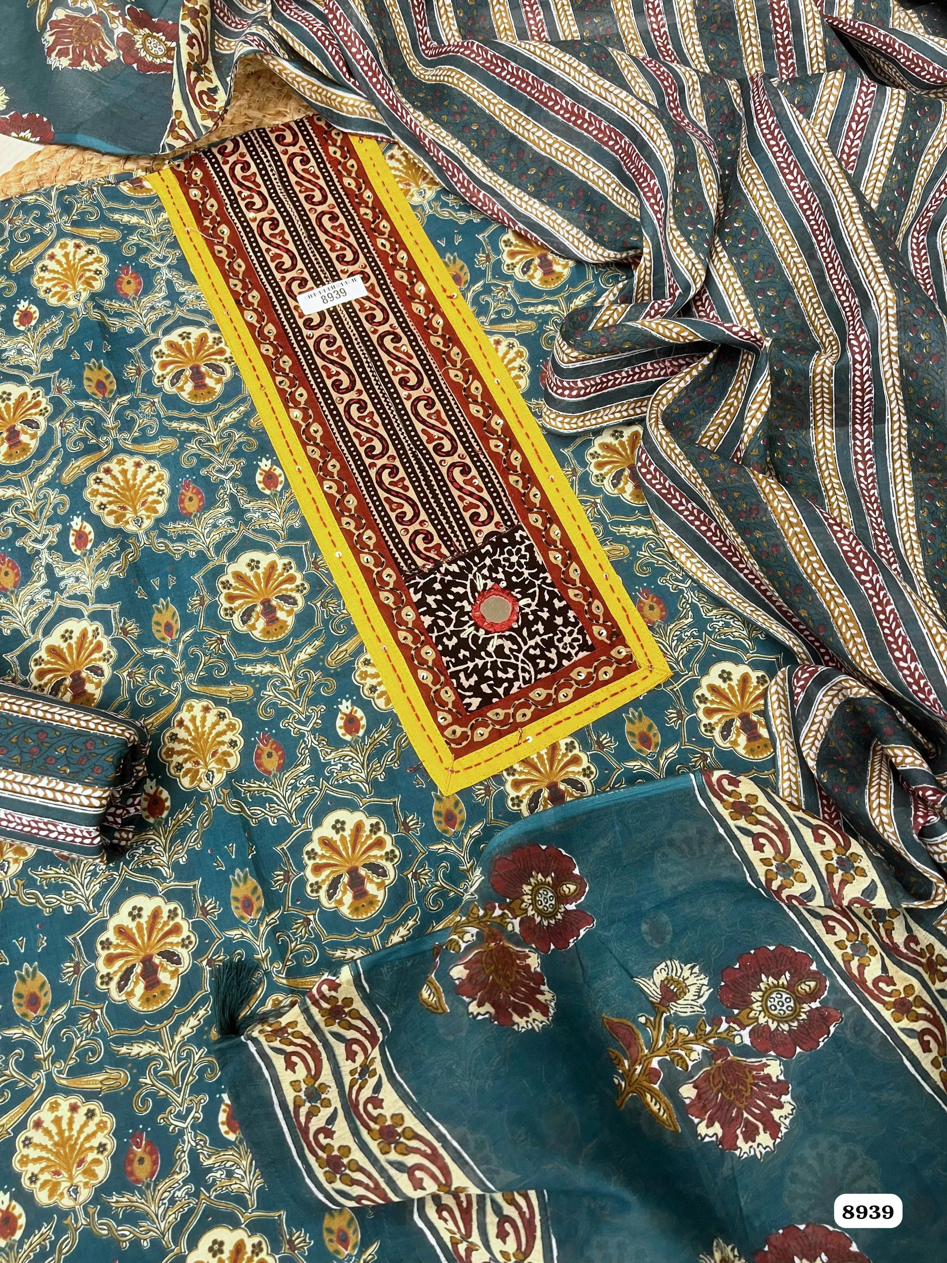 Blue Cotton Printed Unstitched Hand Embroidered -Set Of 3 {8939}