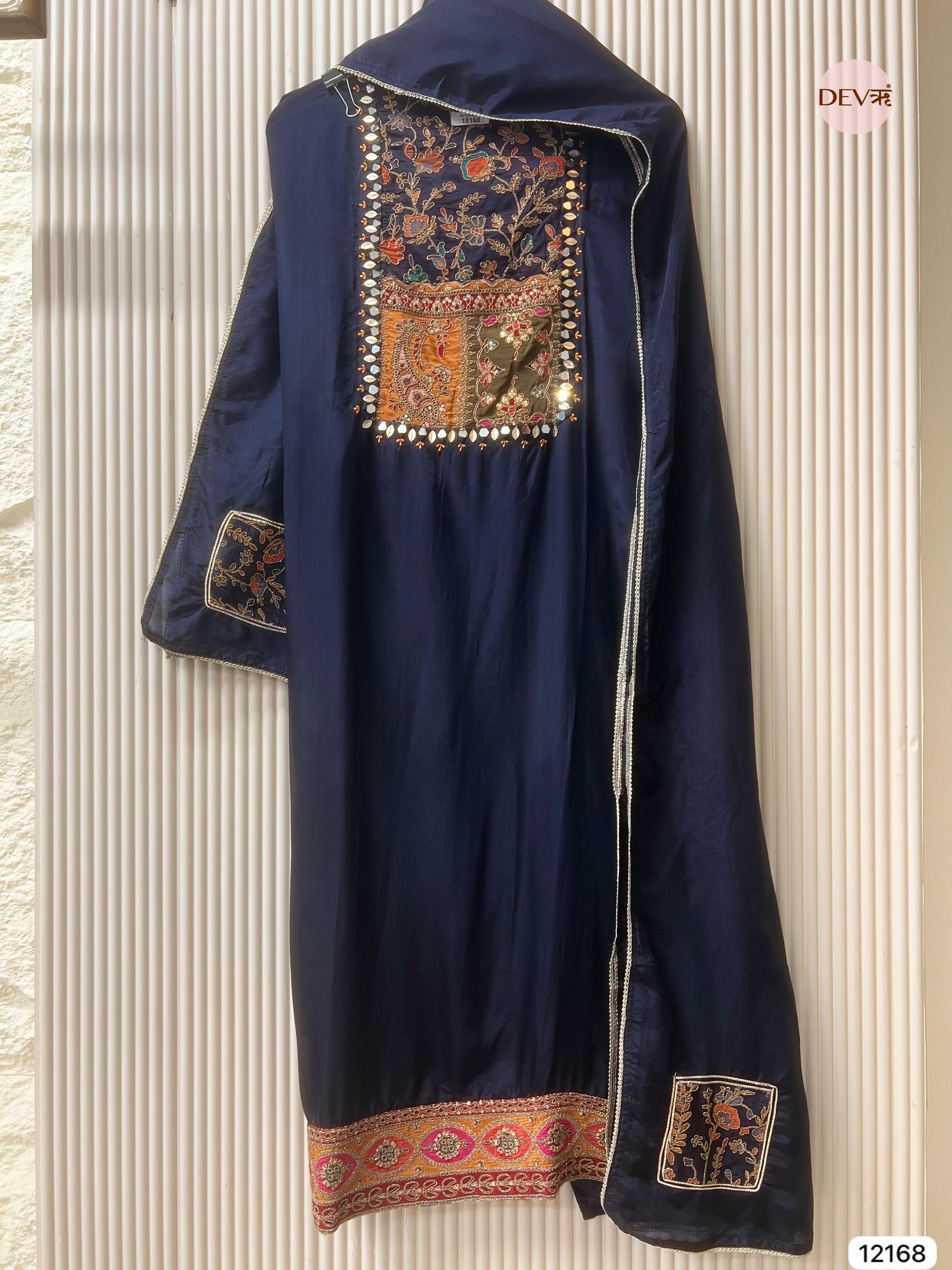 Dark Blue Silk Unstitched Shirt with Hand Embroidered -Set Of 3 - {12168}