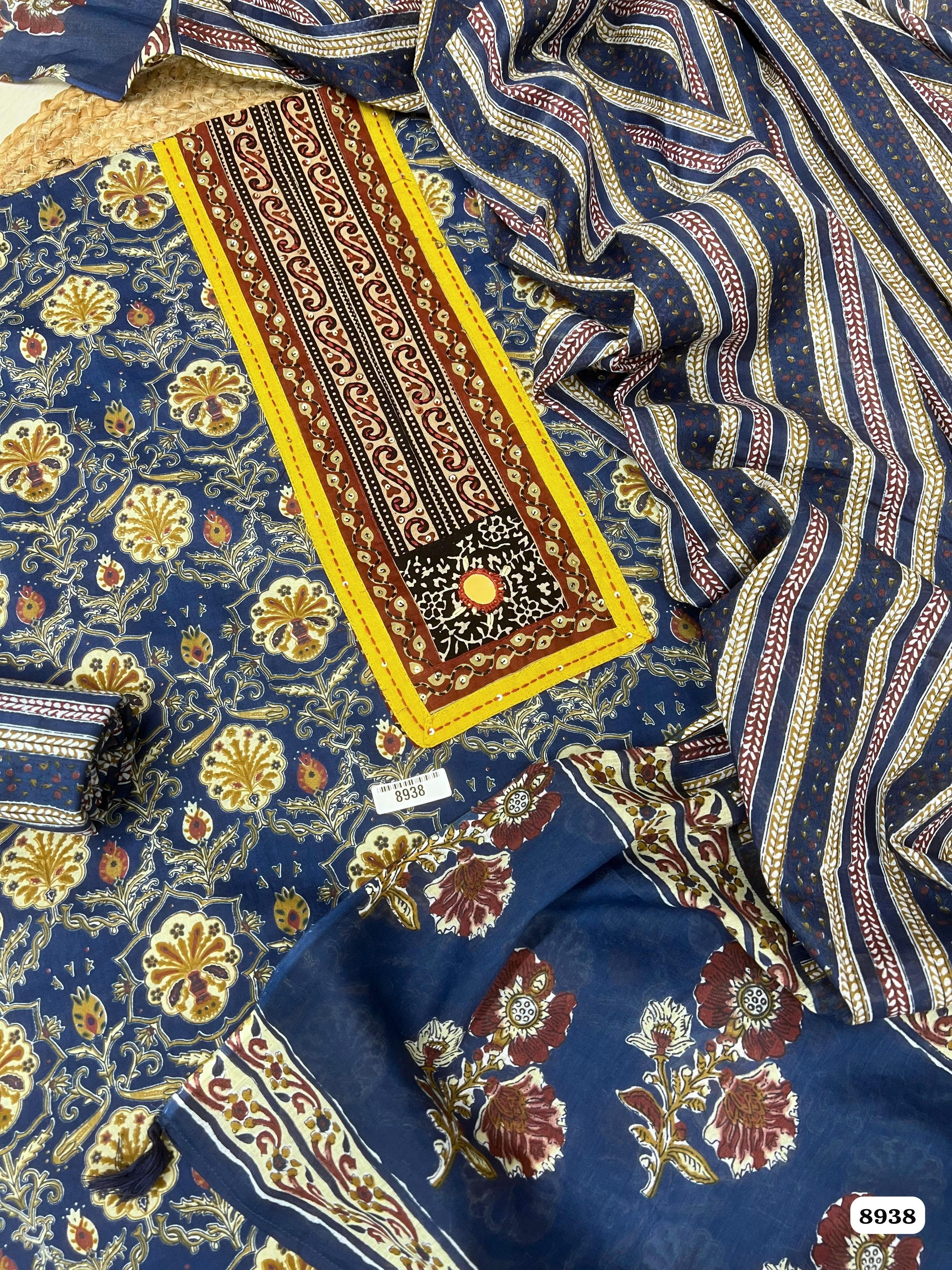 Blue Cotton Printed Unstitched Hand Embroidered -Set Of 3 {8938}