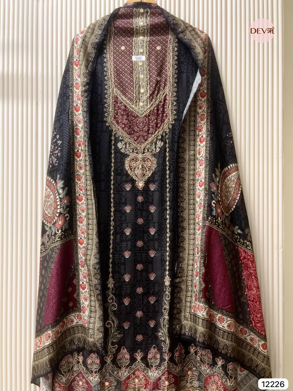 Black Pure Muslin Printed Unstitched 3-Piece Suit (Devri – D.No 12226)