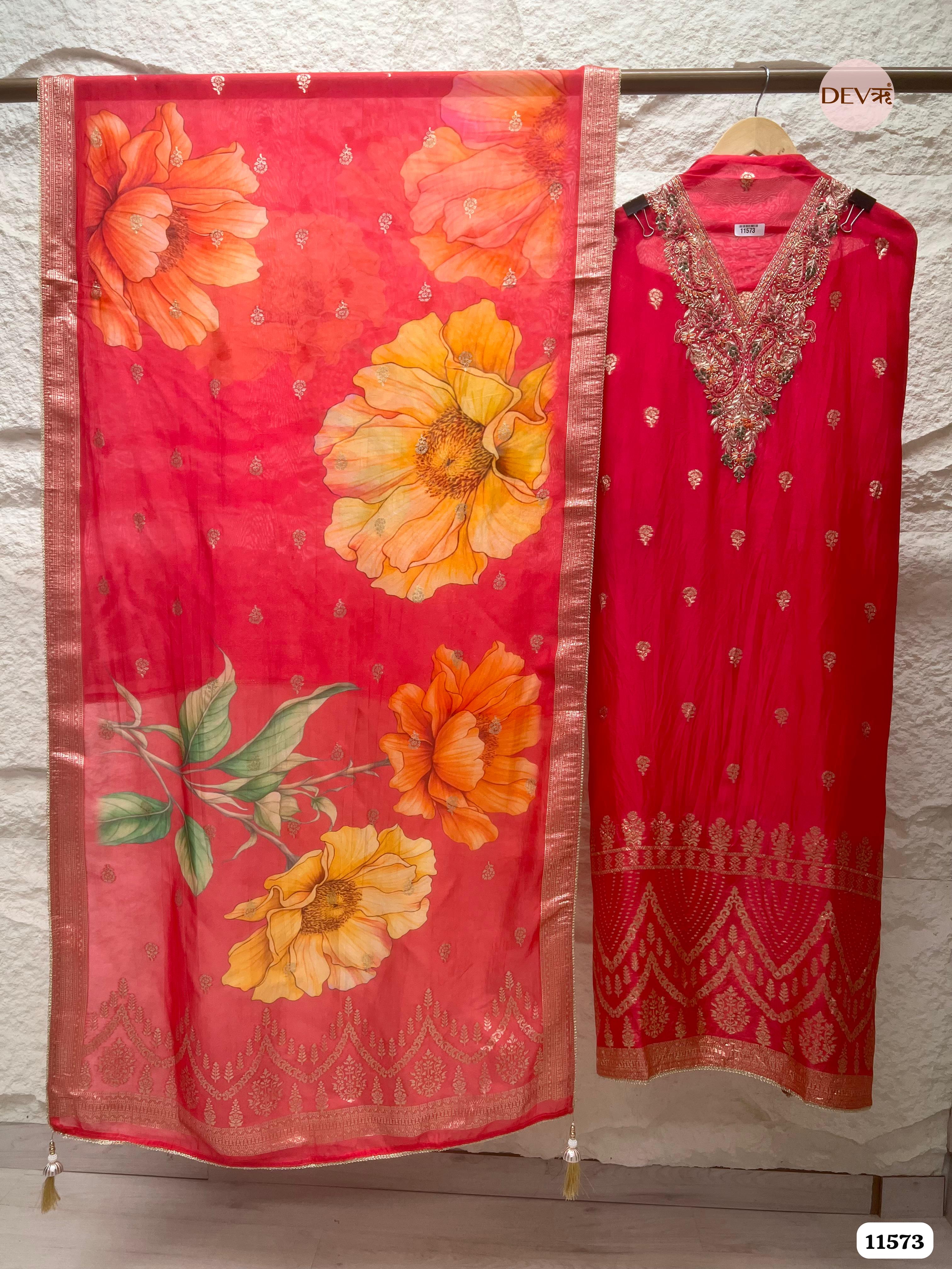 Red Pure Organza Silk Unstitched Banarasi Weave Hand Embroidered -Set Of 3 {11573}