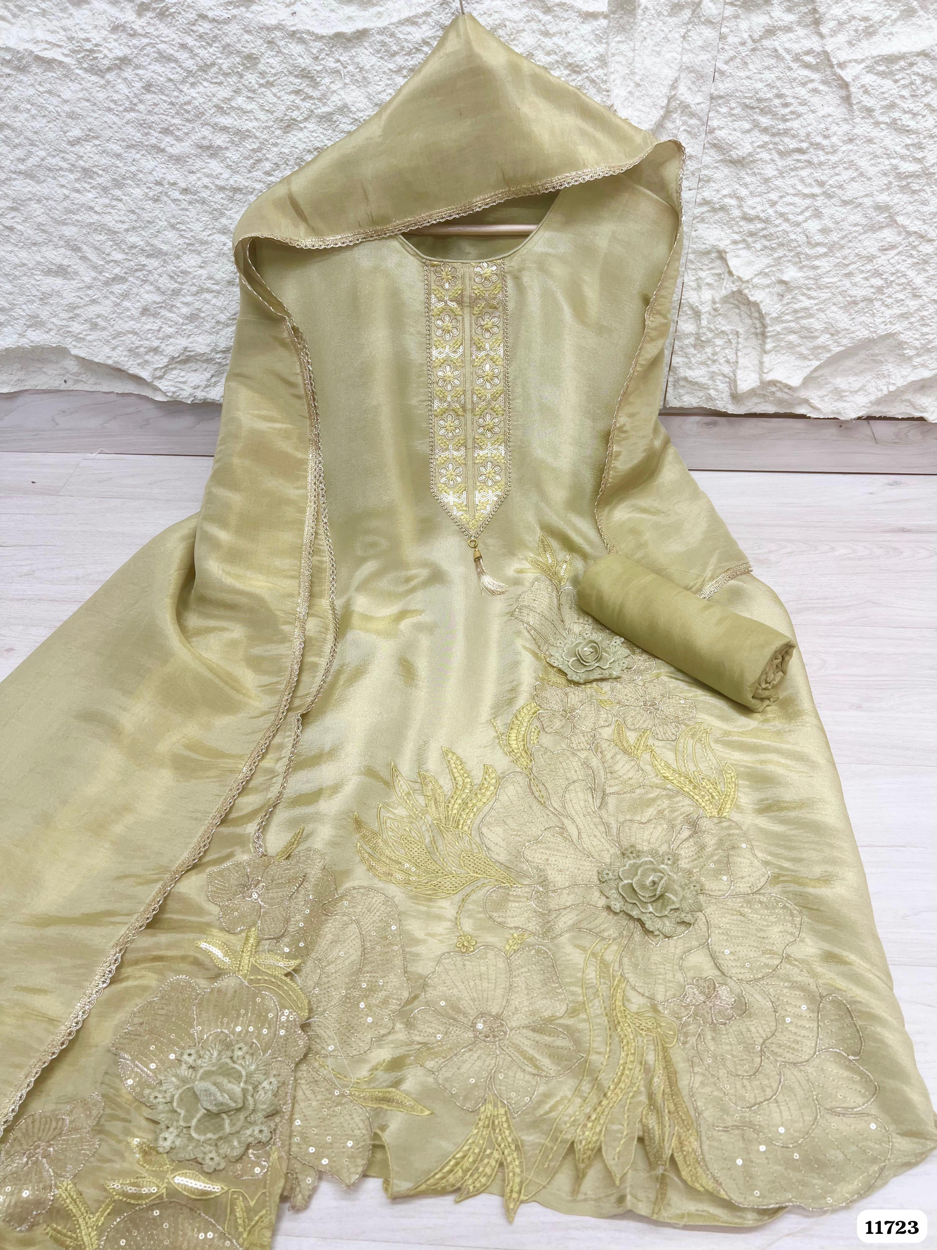 Green Tissue Silk Unstitched Embroidered -Set Of 3 {11723}