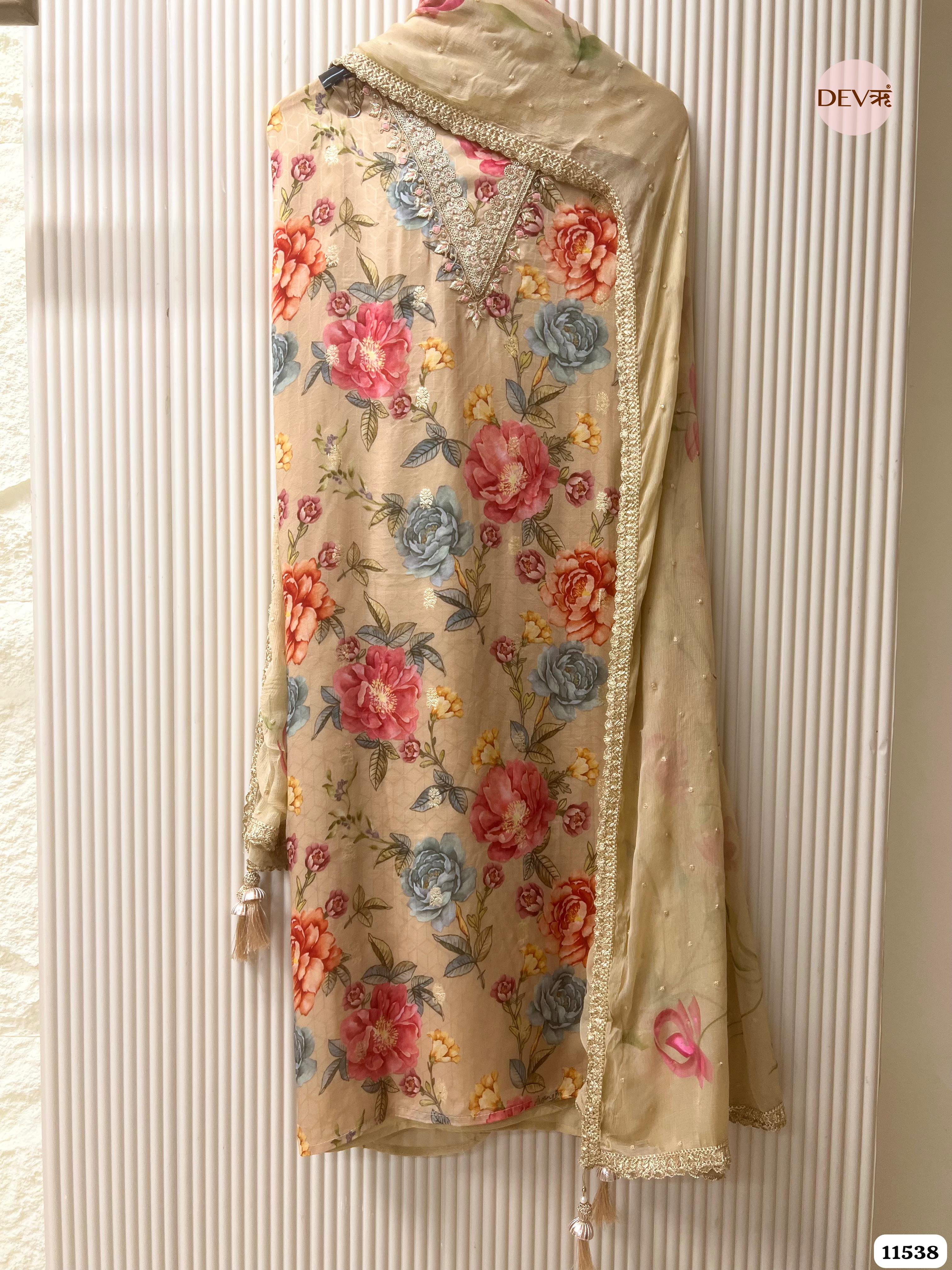 Beige Pure Dola Silk Unstitched Printed Banarasi Weave Hand Embroidered -Set Of 3 {11538}