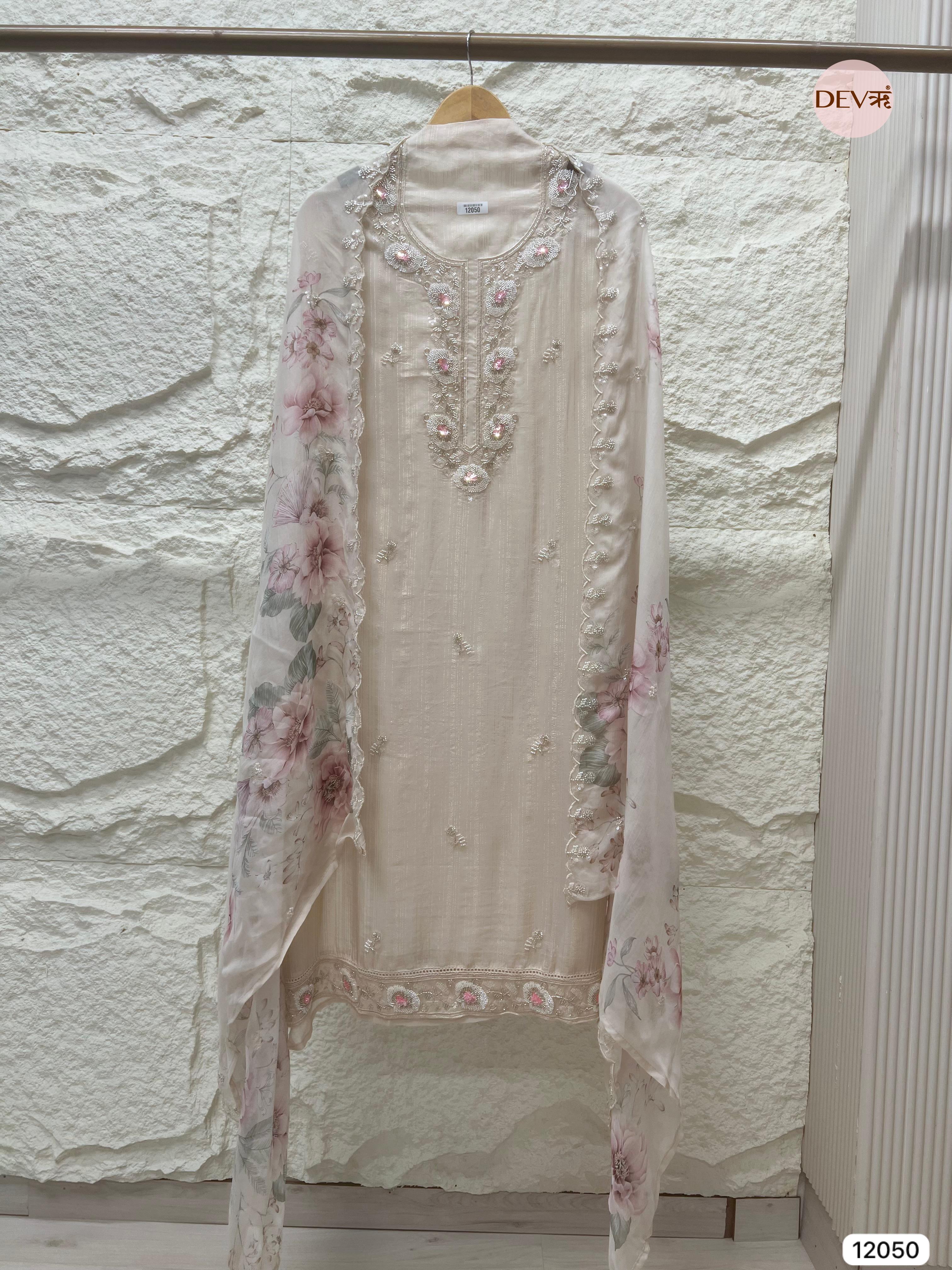 Off White Pure Organza Woven Unstitched Hand Embroidered -Set Of 3 - {12050}