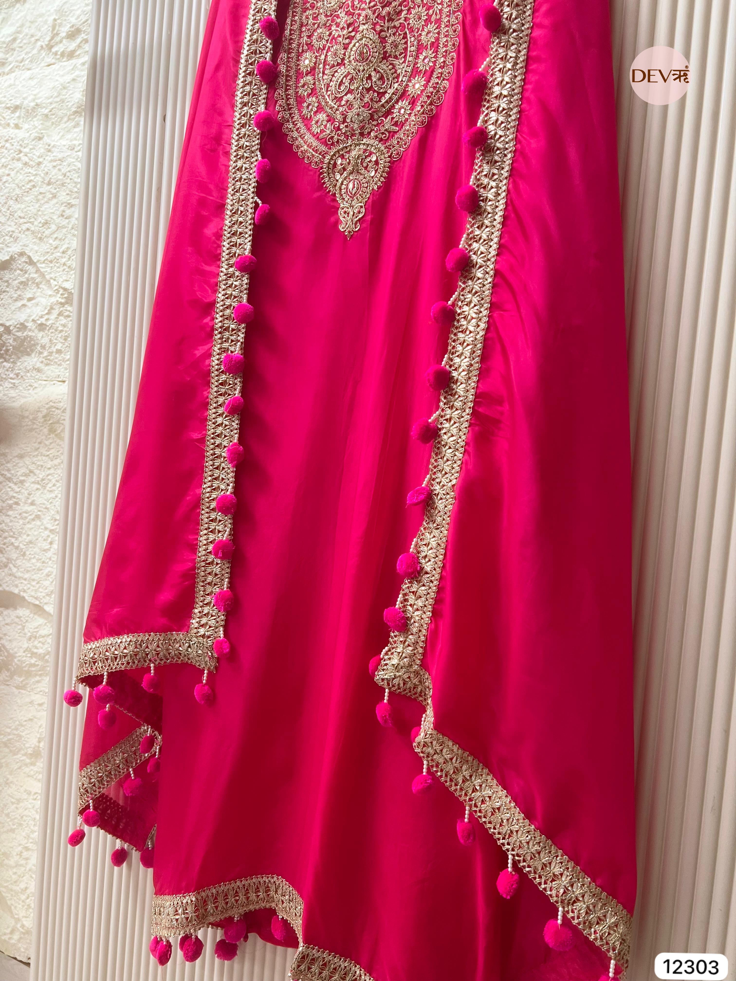 Rani Pink Glass Organza Embroidered Unstitched 3-Piece Suit (Devri – D.No 12303)