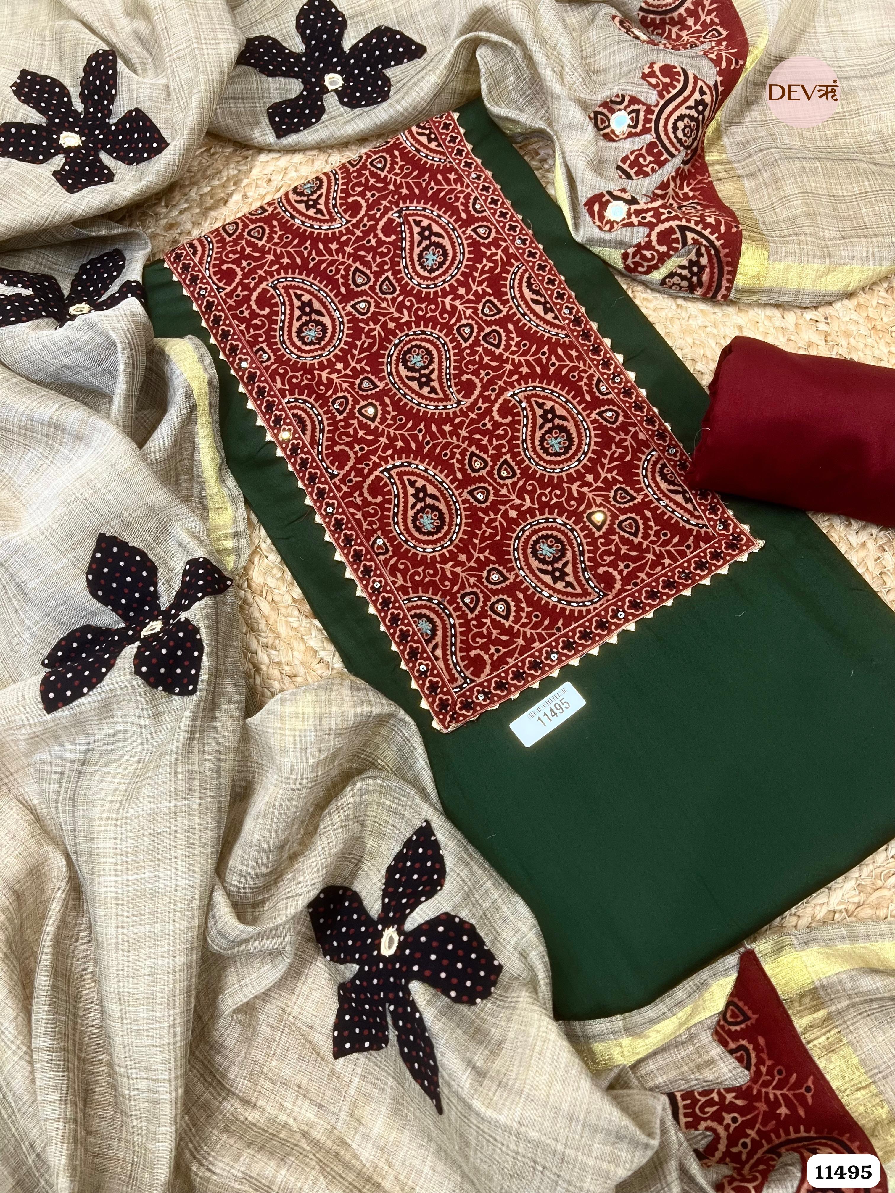Green Cotton Jaam Unstitched Printed Hand Embroidered -Set Of 3 {11495}