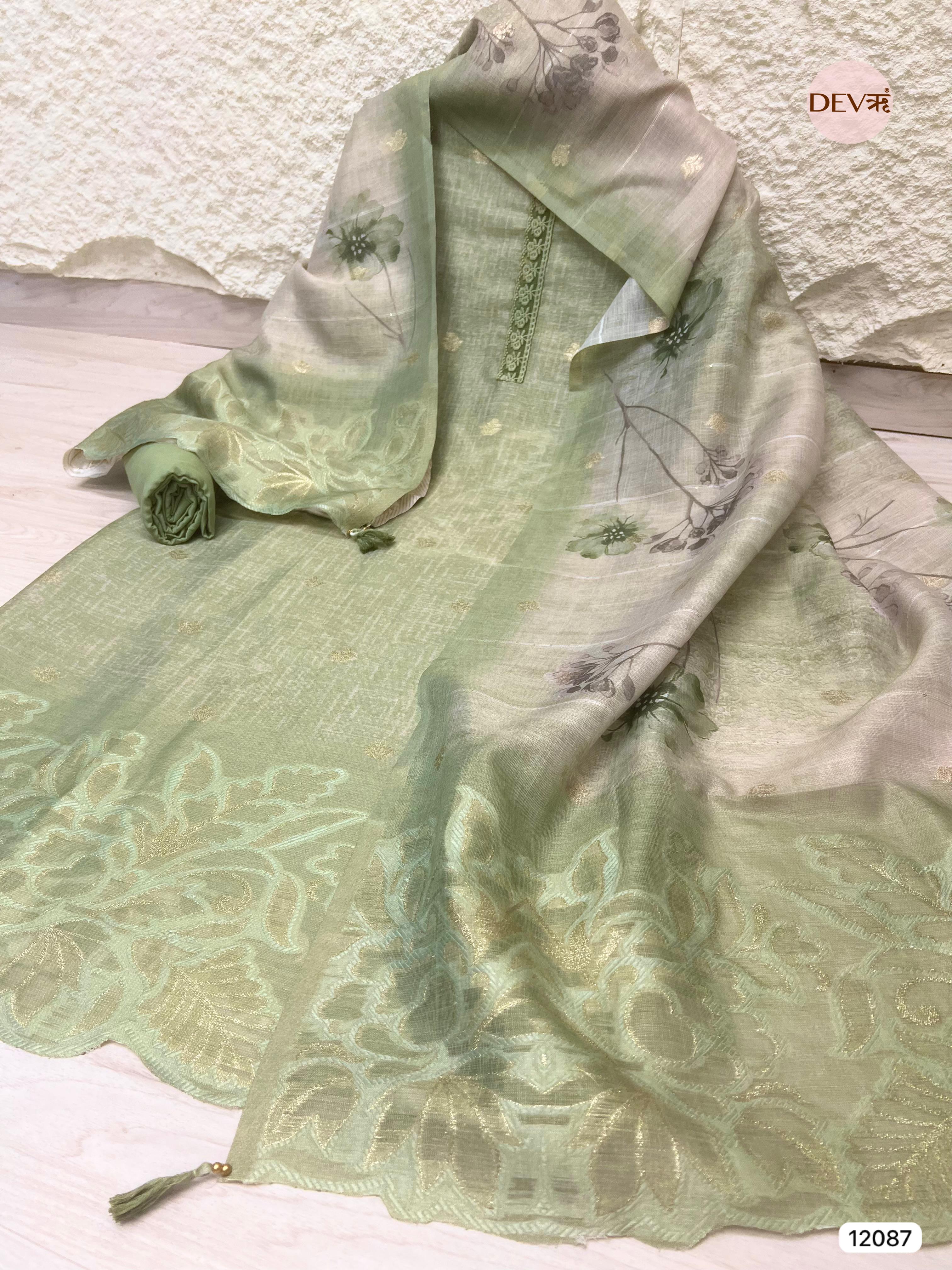 Green Pure Raw Unstitched Silk Thread Woven Embroidered -Set Of 3 - {12087}