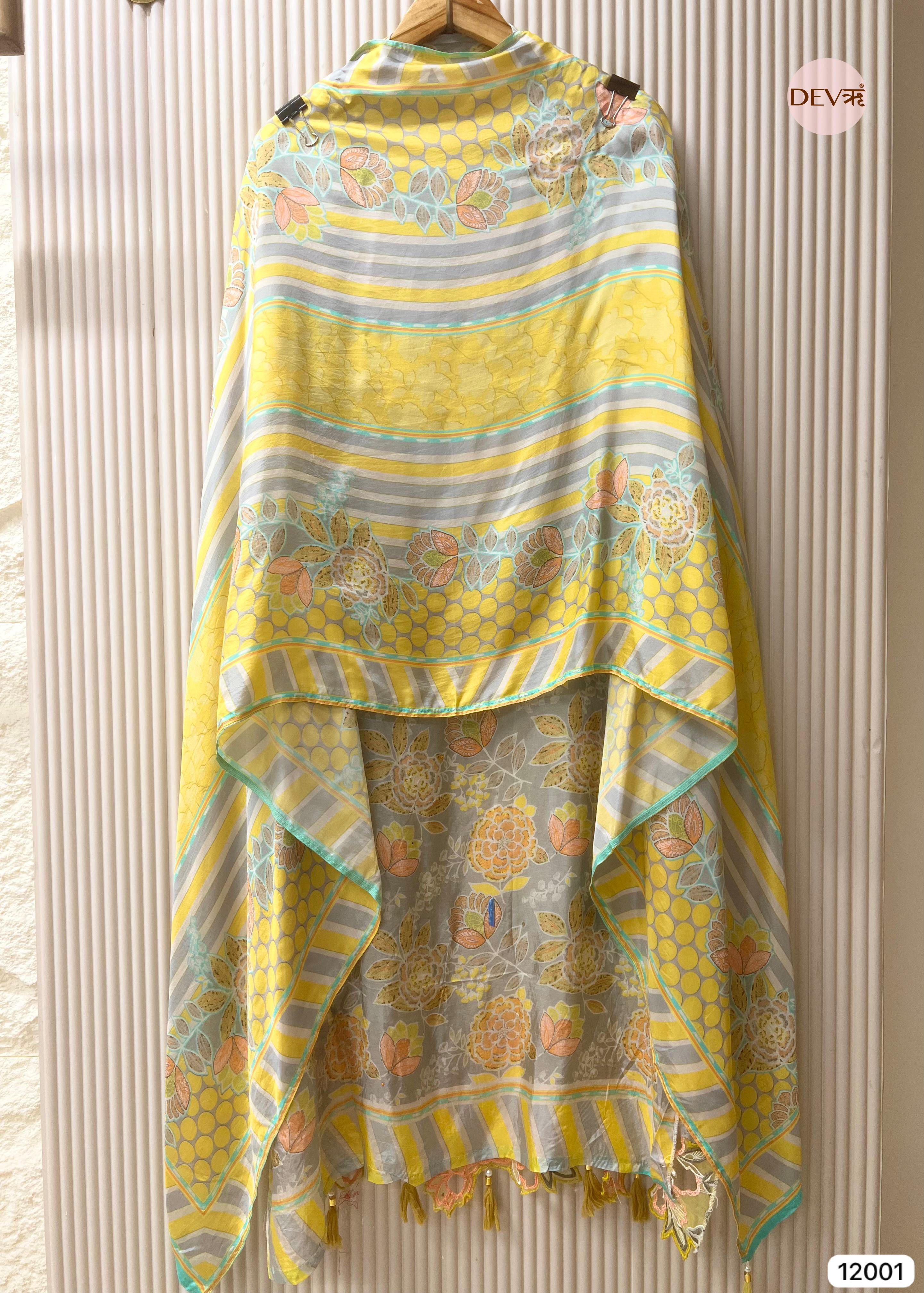 {12001} Yellow Pure Organza Silk Semi stitched Printed Embroidered -Set Of 3
