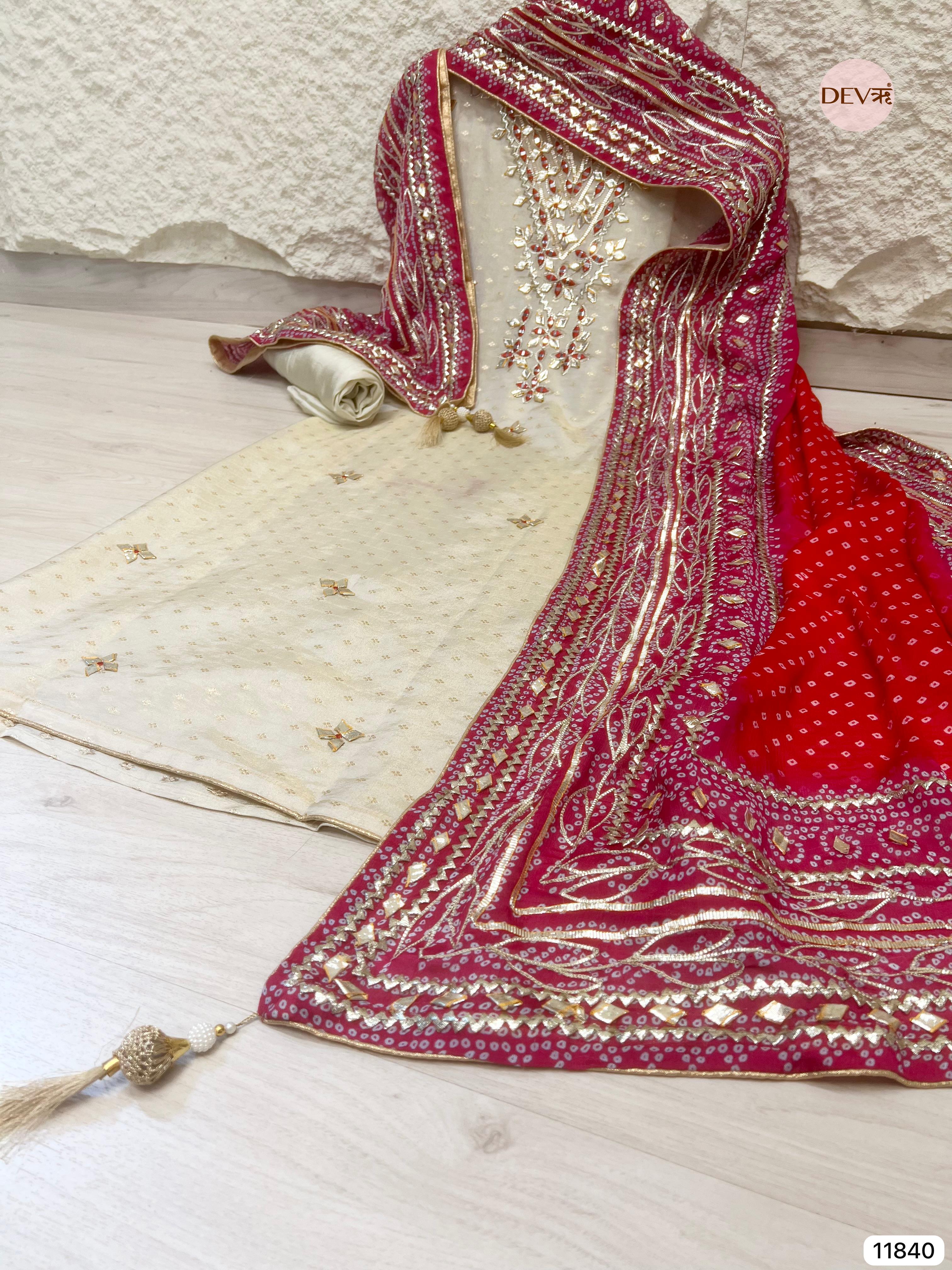 Cream Colour Pure Tissue Crush Silk Unstitched Hand Embroidered -Set Of 3 - {11840}