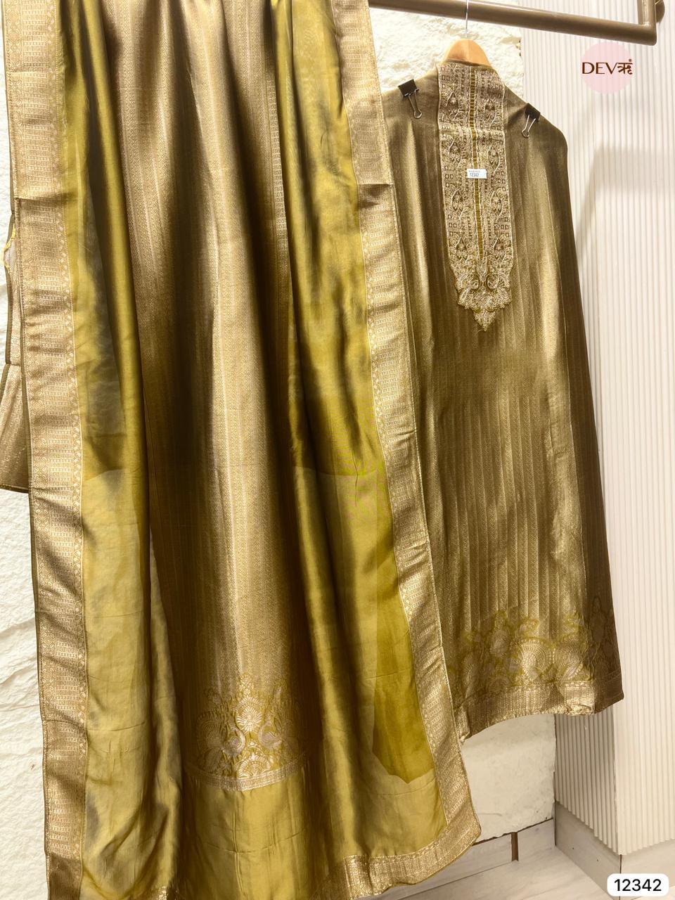 Olive Gold Pure Banarasi Silk Woven Unstitched 3-Piece Suit (Devri – D.No 12342)
