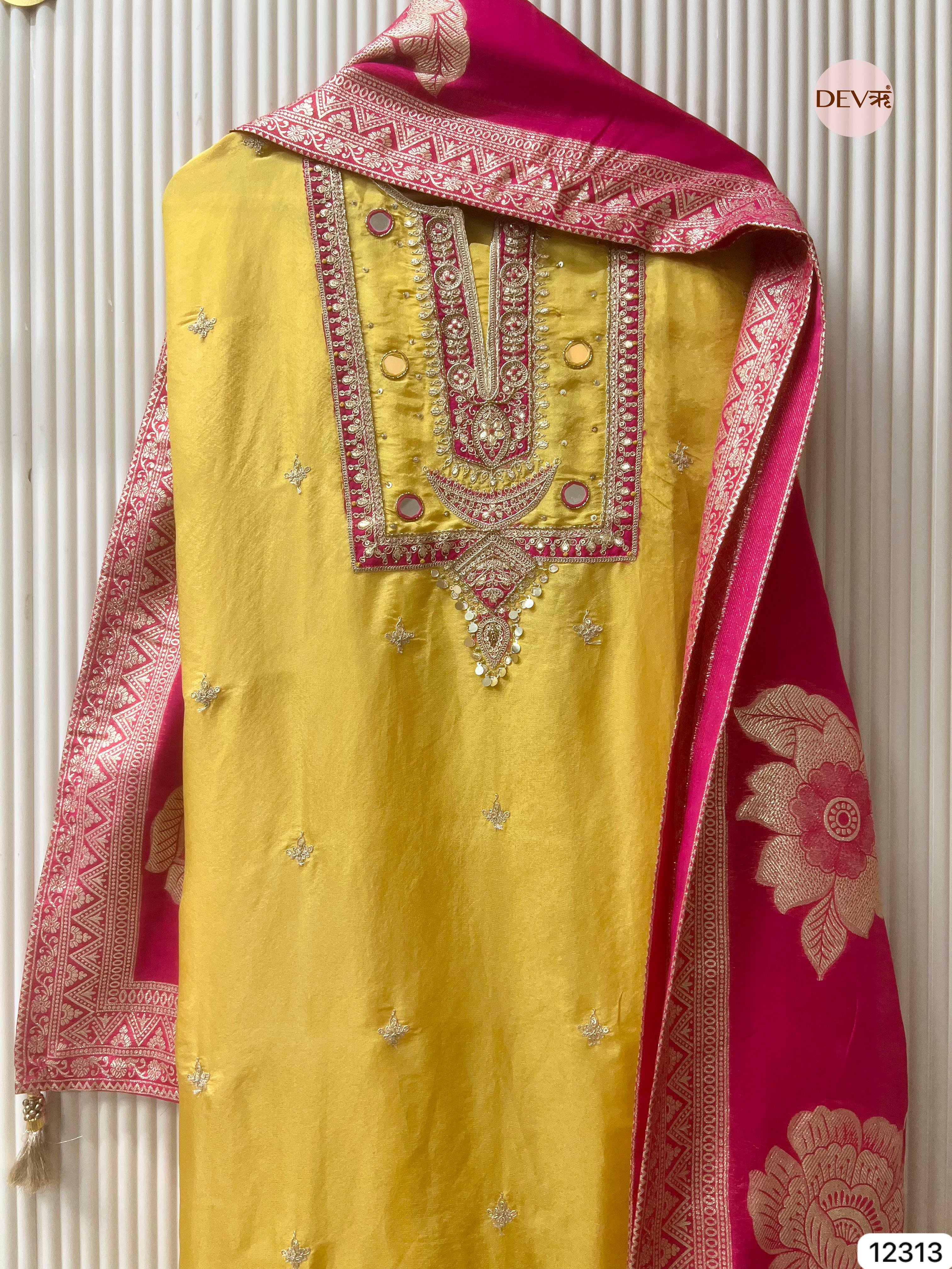Mustard Yellow Shimmer Silk Embroidered Unstitched 3-Piece Suit (Devri – D.No 12313)