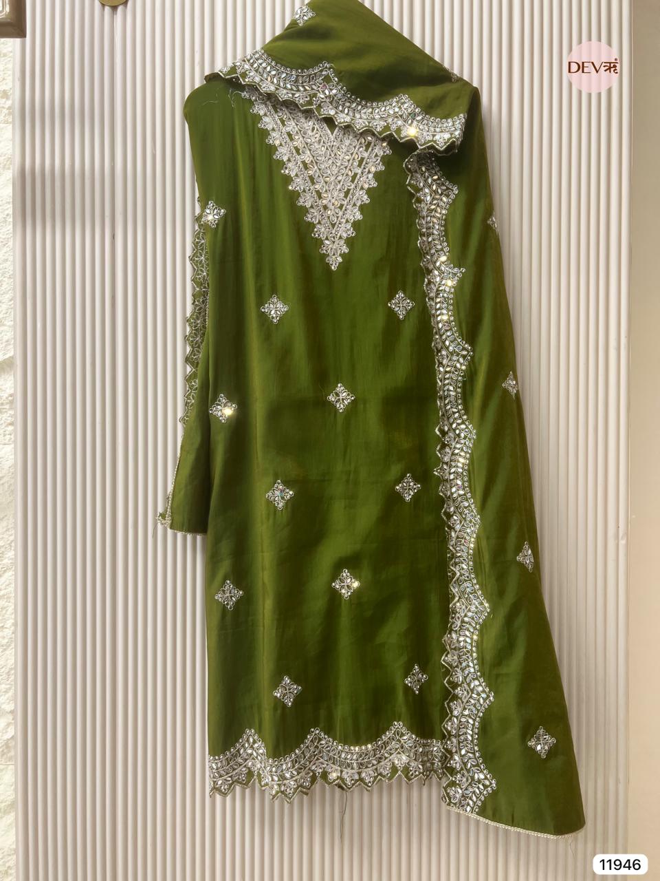 Green Modal Silk Unstitched Hand Embroidered -Set Of 3 - {11946}